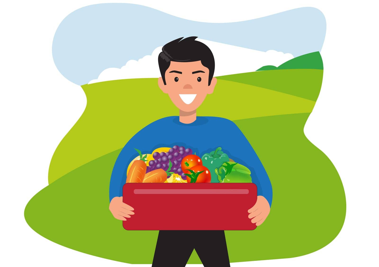 Happy young man working in a farmer's market isolated on white background family and agriculture business concept vector illustration