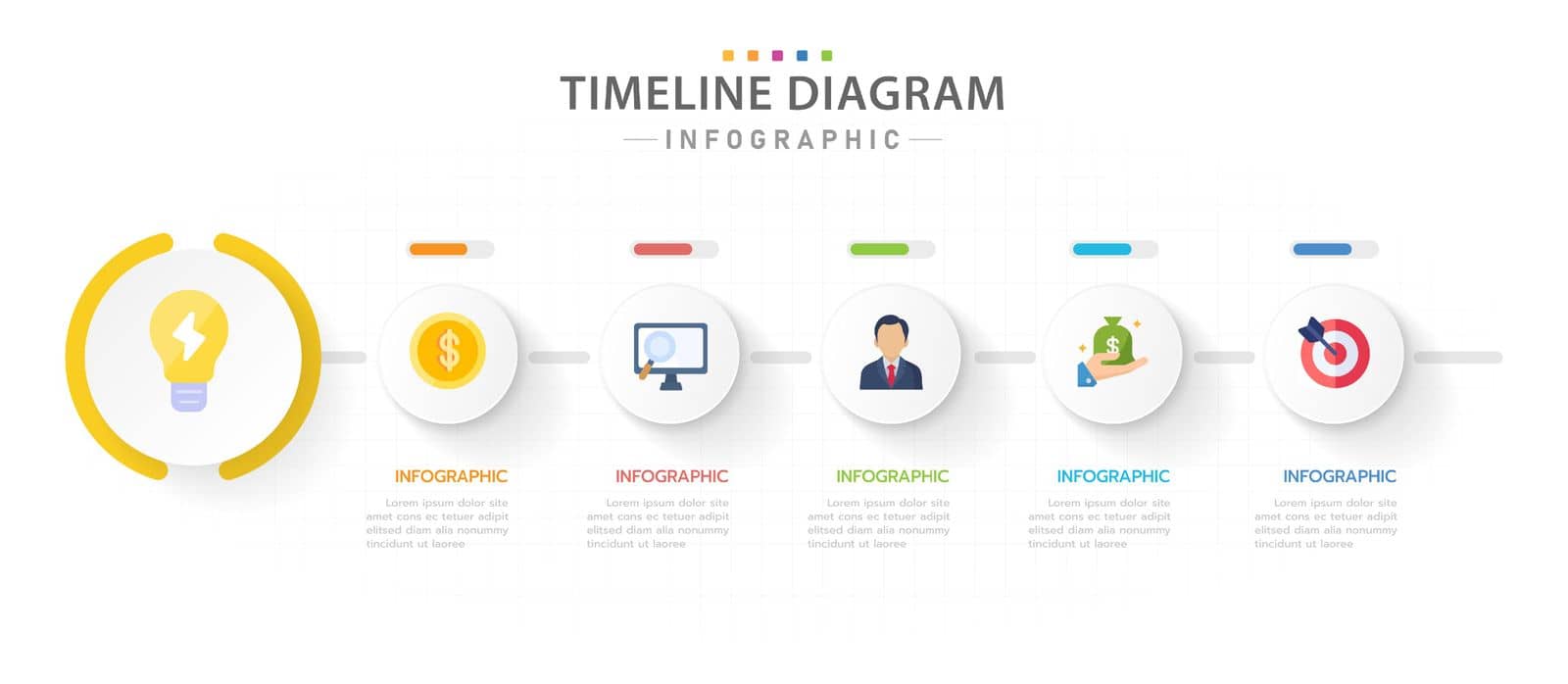 Infographic template for business. 5 Steps Modern Timeline diagram with circle topic and progress bar, presentation vector infographic.