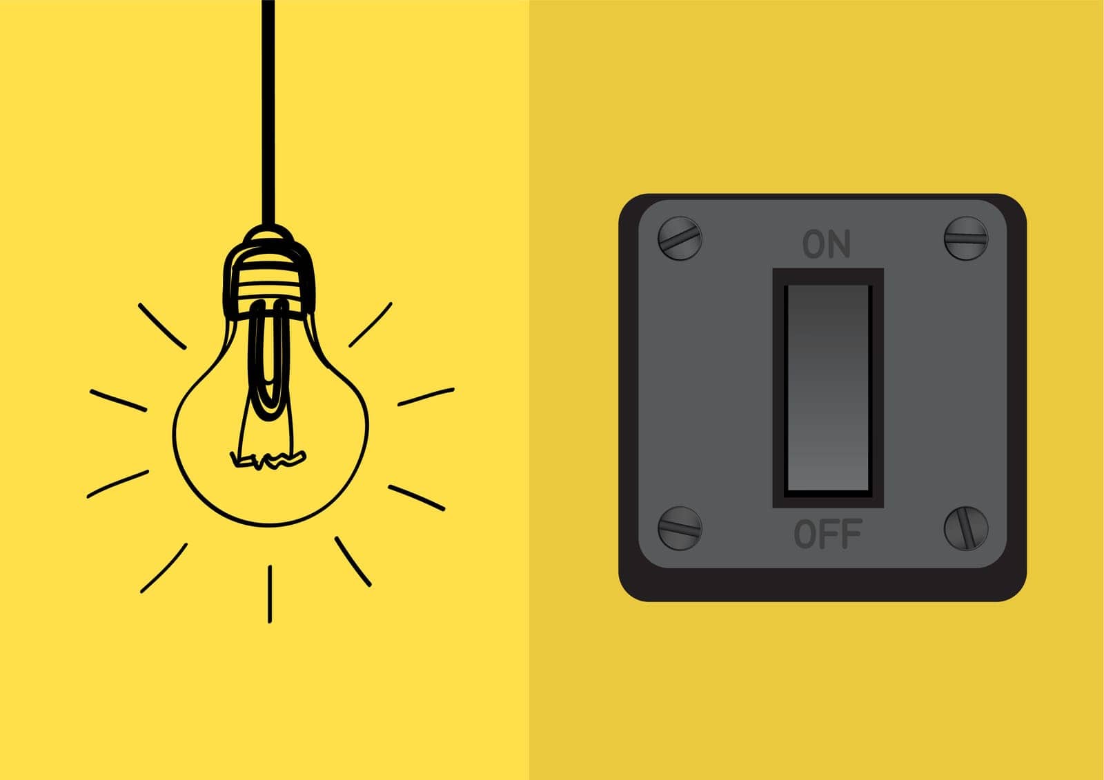 Switch lamp light on yellow background. Hanging on and off idea solution with light bulb