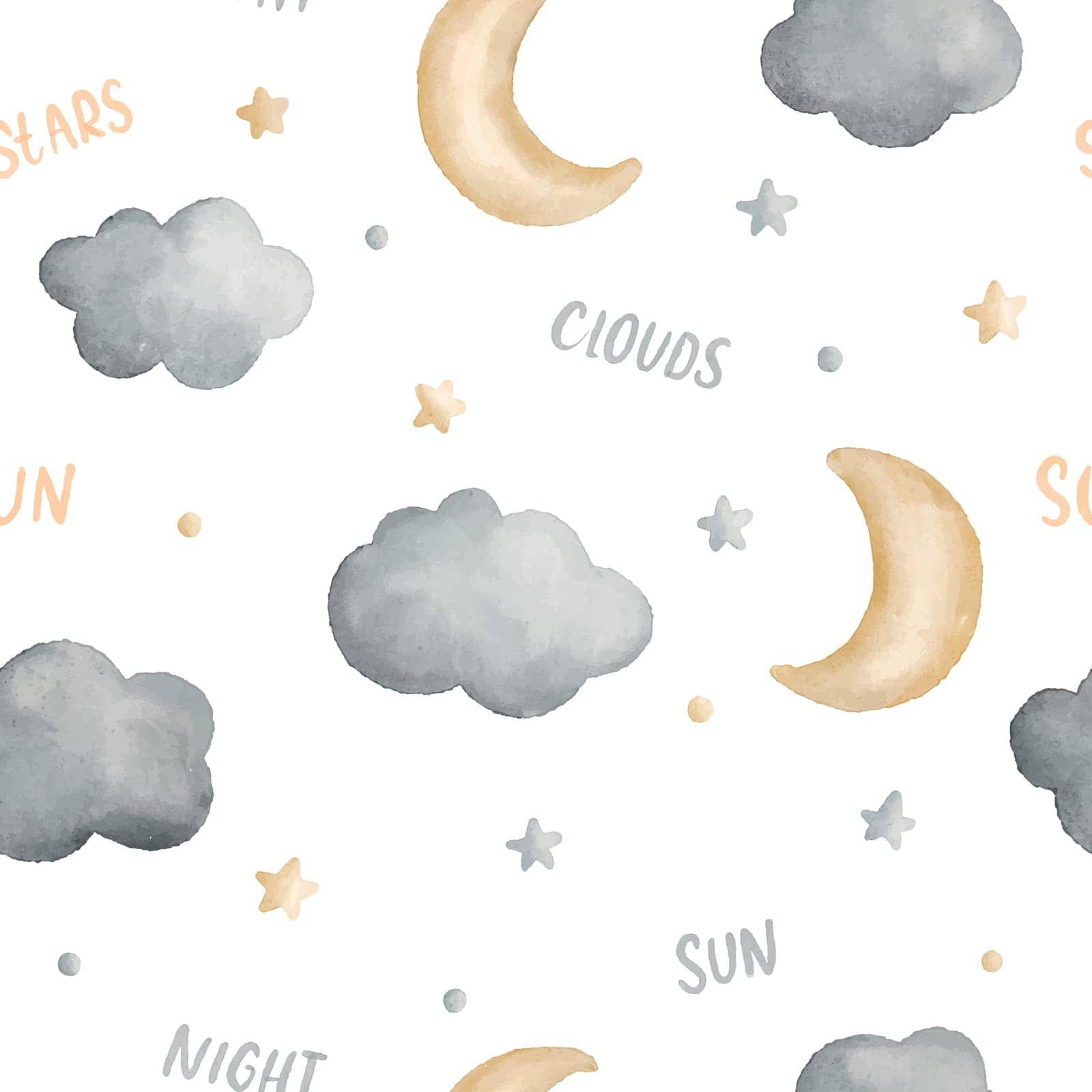 Watercolor seamless newborn baby, kids pattern with moon, cloud and star