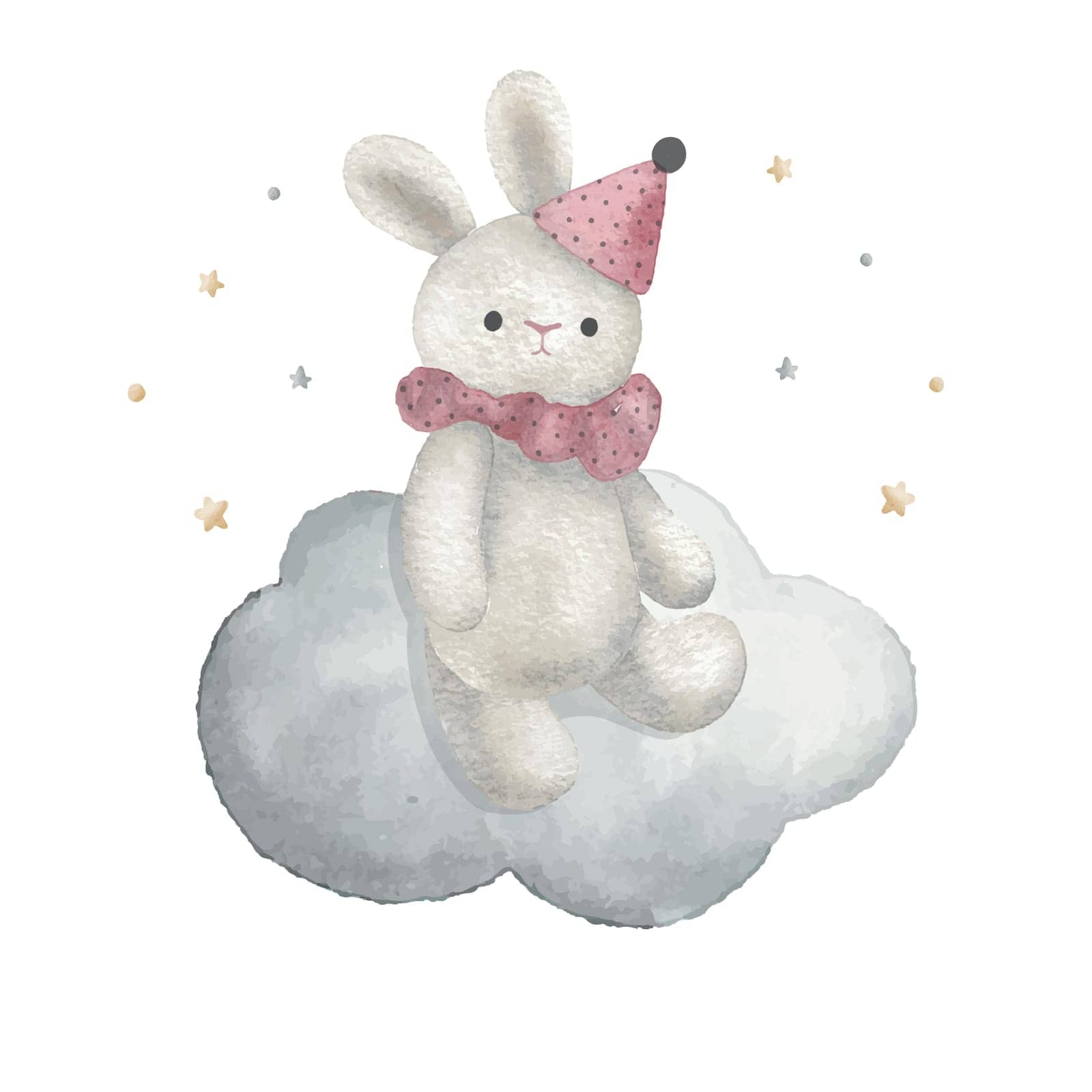 Cute bunny on the cloud with little stars, watercolor vector illustration
