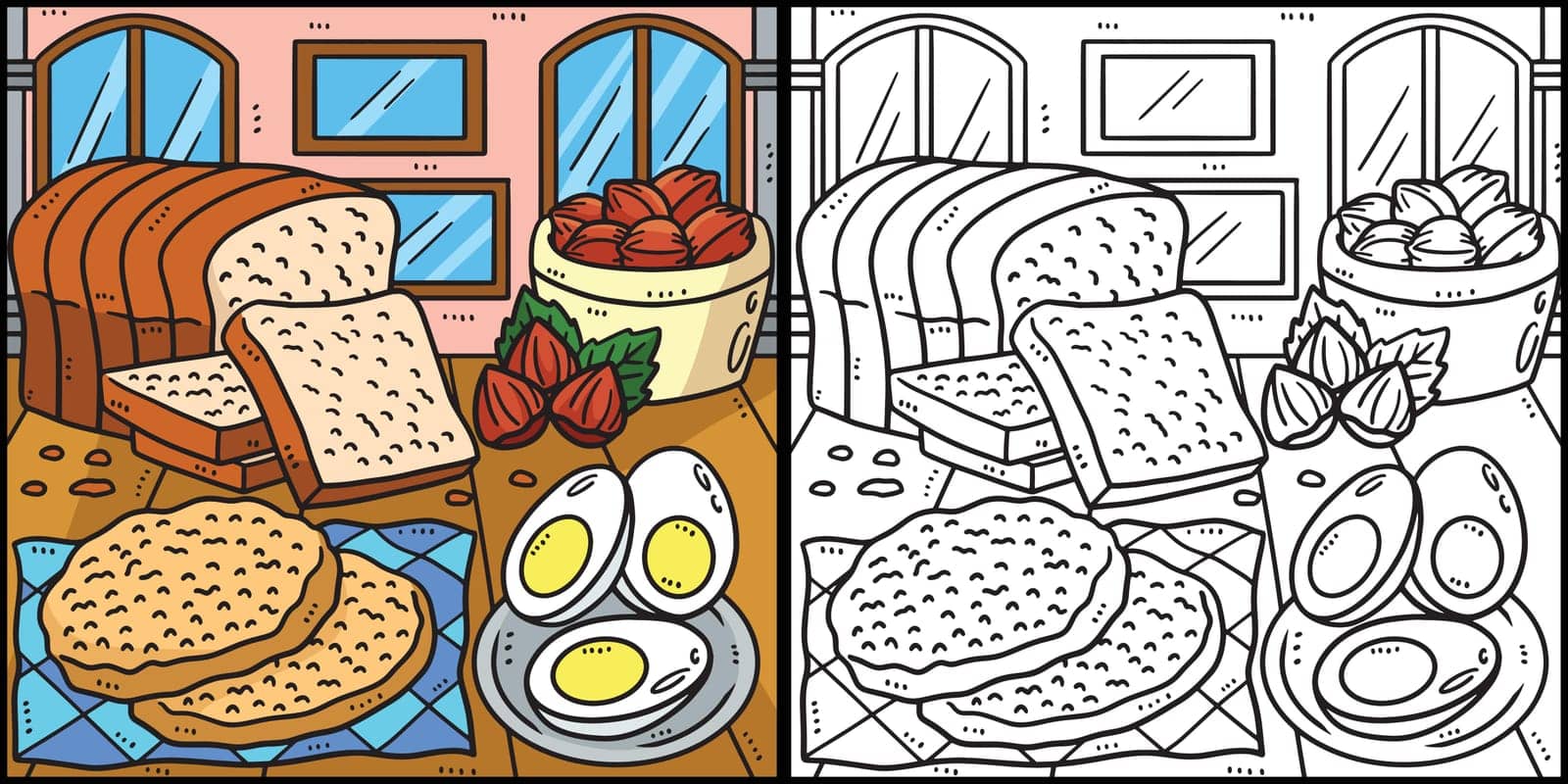 This coloring page shows a Ramadan Feast. One side of this illustration is colored and serves as an inspiration for children.