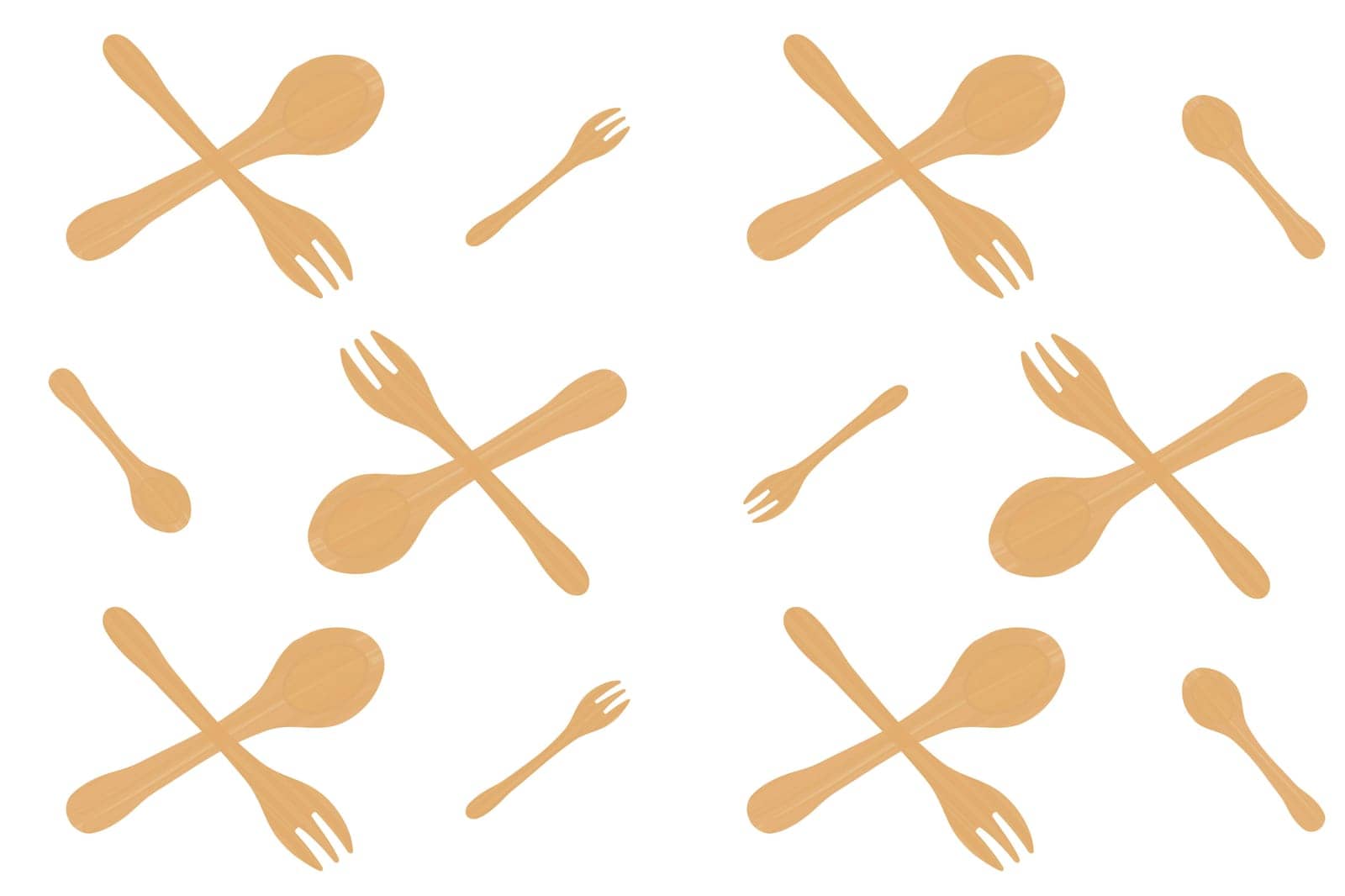 Pattern of wooden bamboo spoons and forks on a white background. The concept of ecology, environmental protection, waste recycling. Vector image. by IronG96
