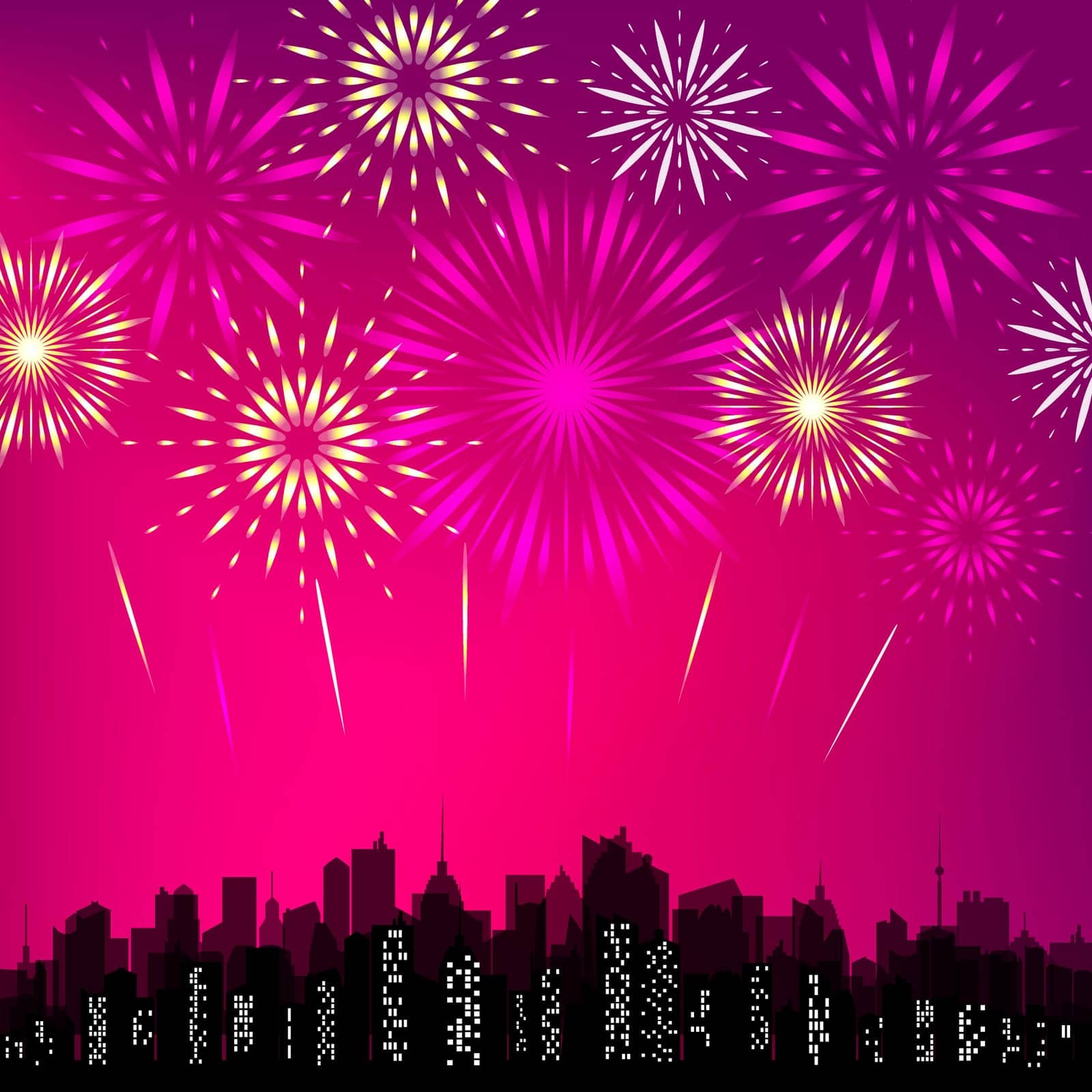 City skyline with festive fireworks. Glowing light over the city. Vector holiday cityscape background by Fyuriy
