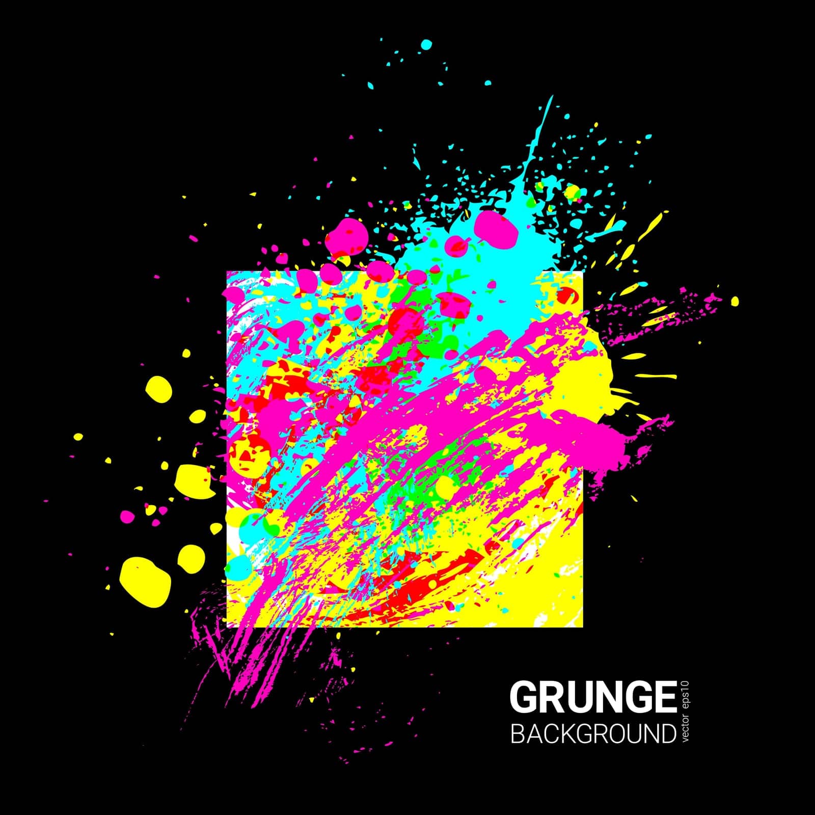 Abstract art paint ink splash, colorful blobs, drops and brush strokes on black background. Vector grunge illustration, design template for creative.