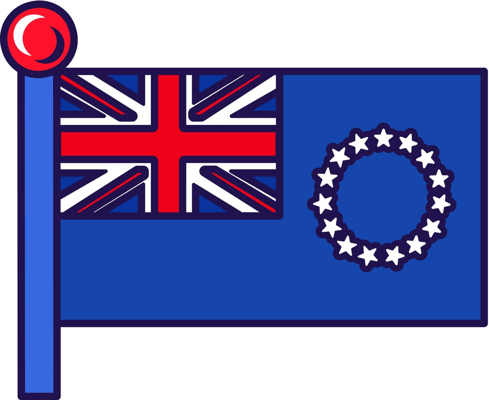Cook island ensign civil flag on flagstaff vector. Stars ring on blue background and england symbol on national territory traditional insignia. Pacific region flat cartoon illustration