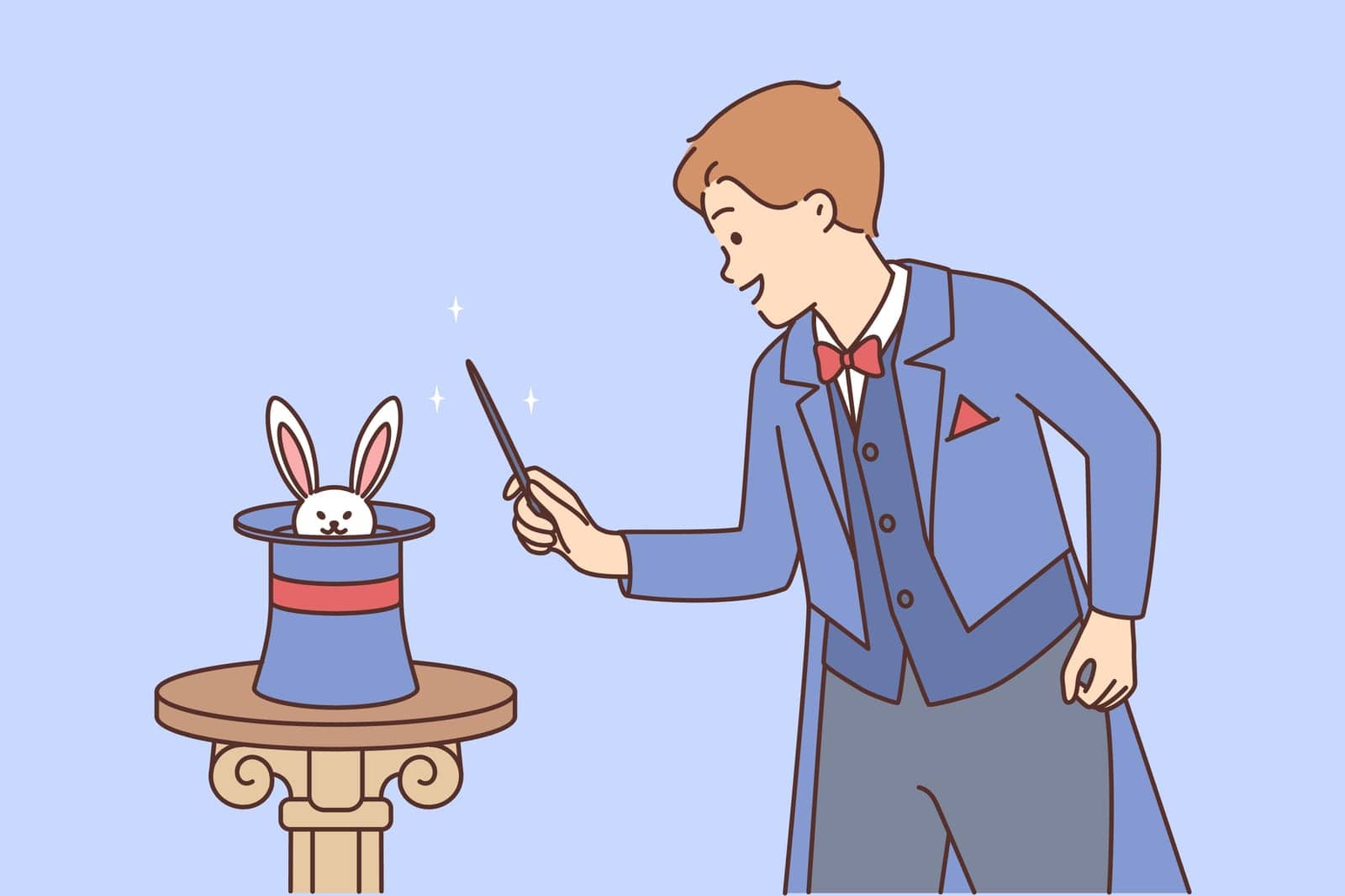 Man magician with wand stands near hat in which rabbit is hiding in preparation for unexpected stunt. magician performs in front of audience showing magic show with amazing tricks