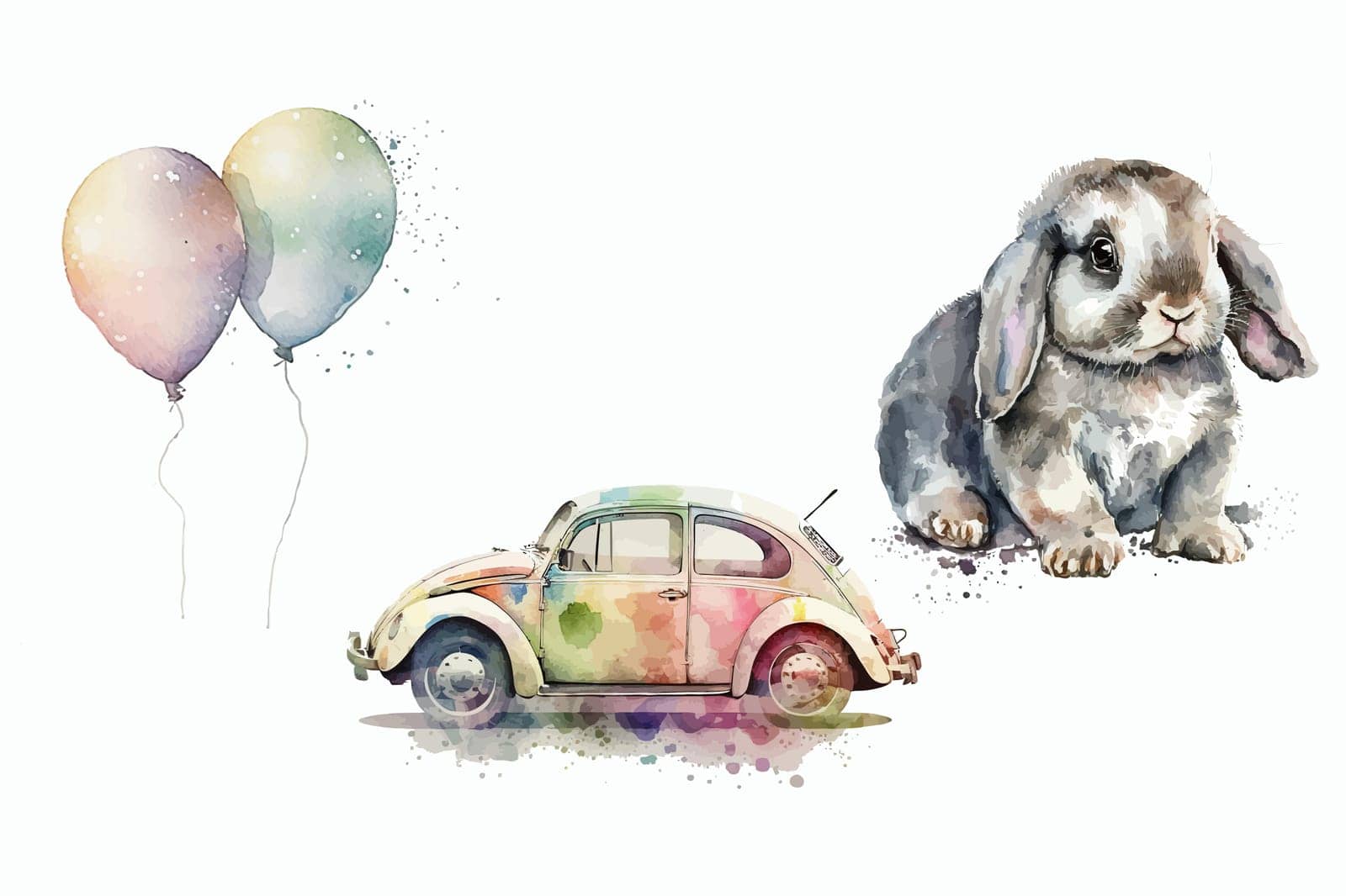 Sei from car, rabbit and balloons in 3d style. Isolated vector illustration by Andrei_01