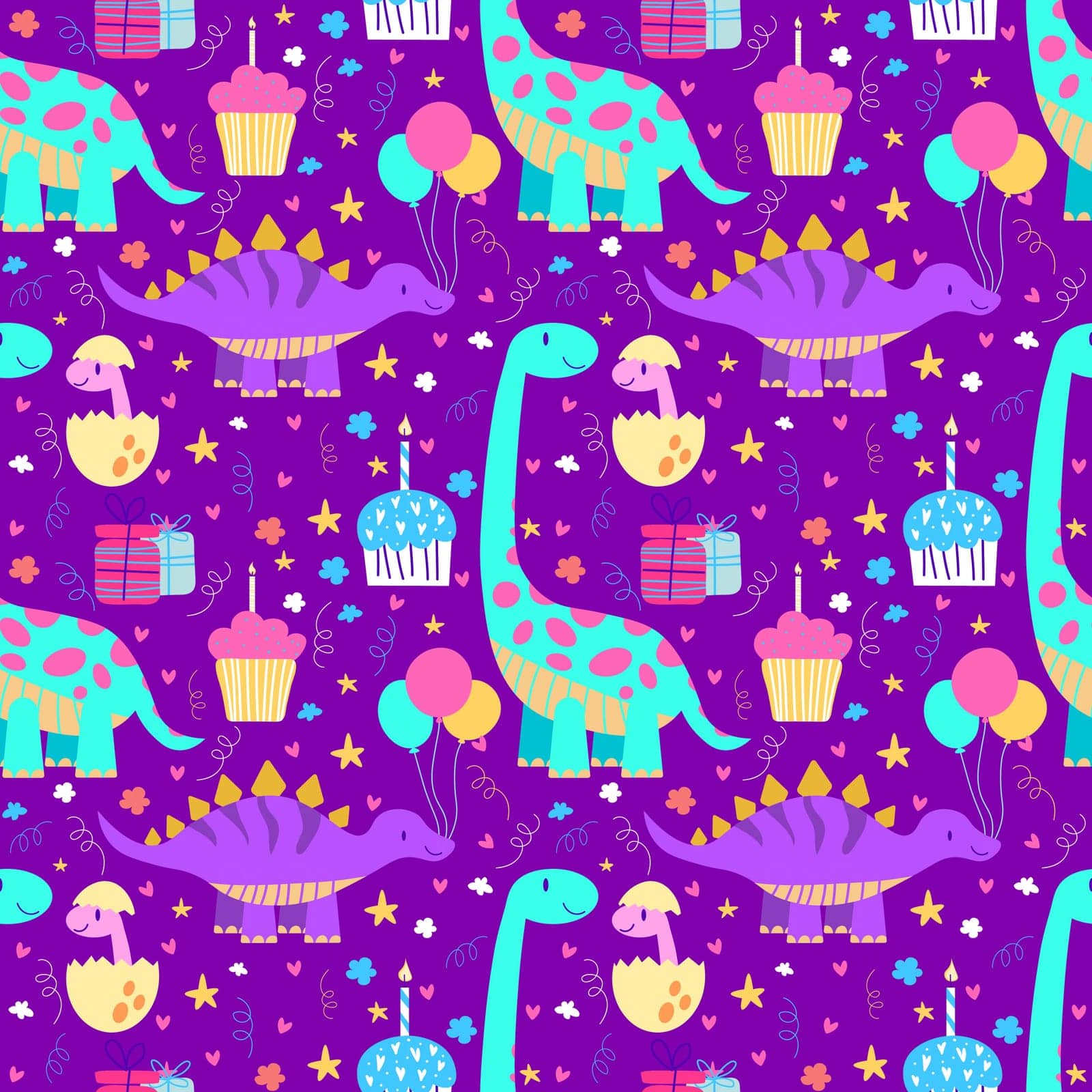 Dinosaur birthday party Dino seamless pattern kid holiday celebration illustration Baby design for birthday invitation or baby shower, poster, clothing, nursery wall art and card.