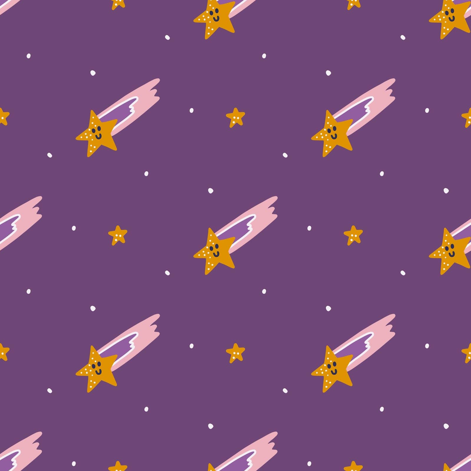 Cute cartoon stars on purple background, vector seamless pattern, children's print for fabric, paper products.