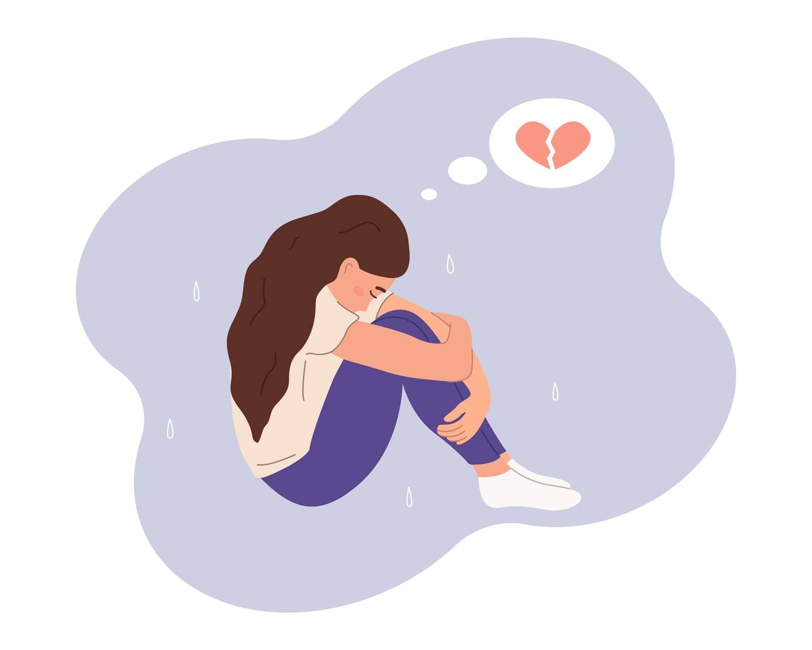 The concept of unrequited love, the broken heart of teenager. Sad girl is sitting hugging her knees. Vector flat illustration.