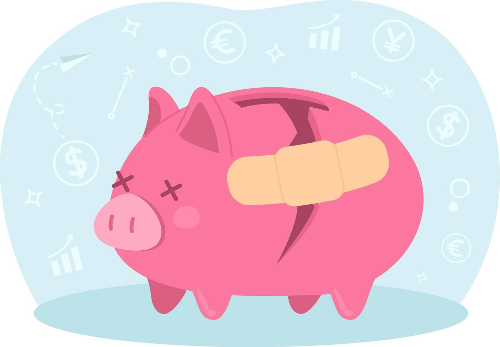 Fixing shattered piggy bank 2D vector isolated spot illustration by ntl