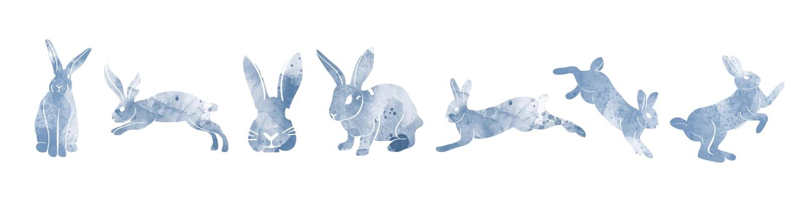 Watercolor style blue rabbit silhouette illustration set. by ku4erashka