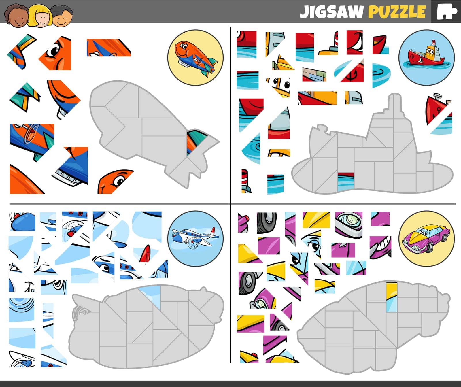 jigsaw puzzle games set with funny cartoon vehicles by izakowski