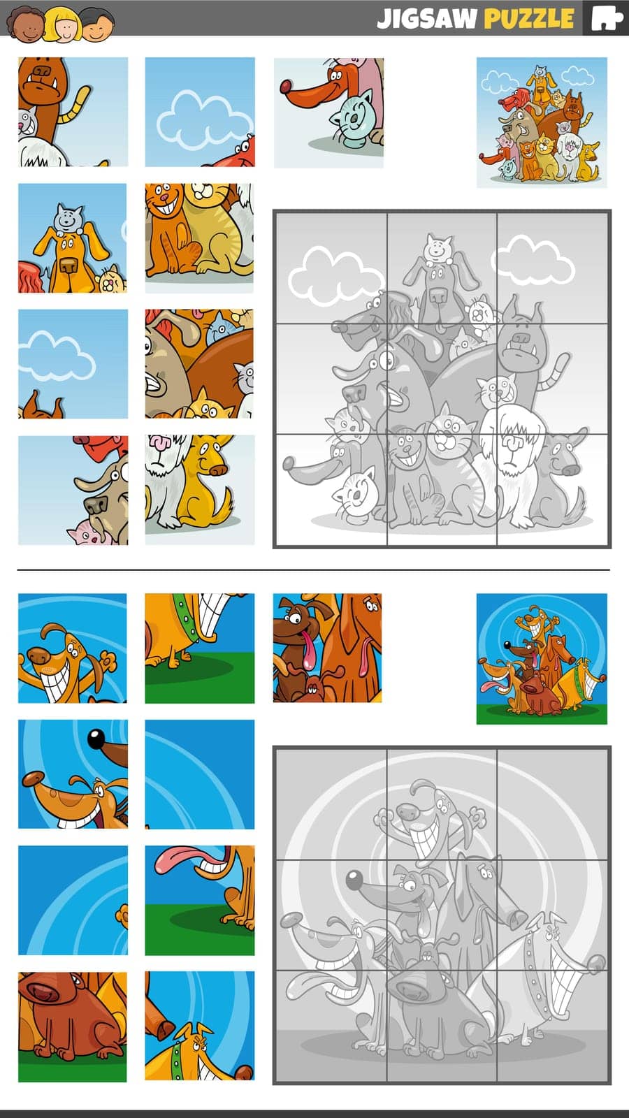 jigsaw puzzle game set with cartoon dogs characters by izakowski