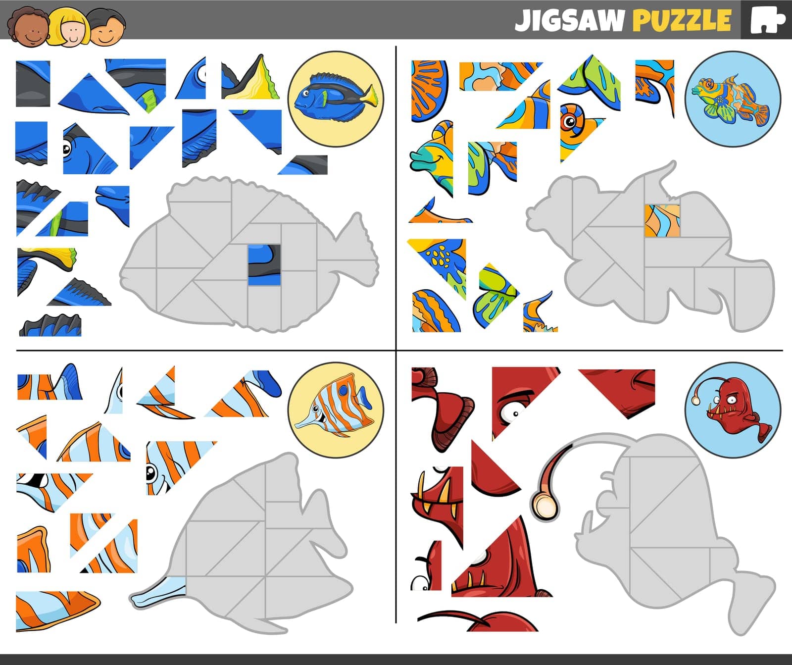 jigsaw puzzle games set with funny cartoon fish by izakowski