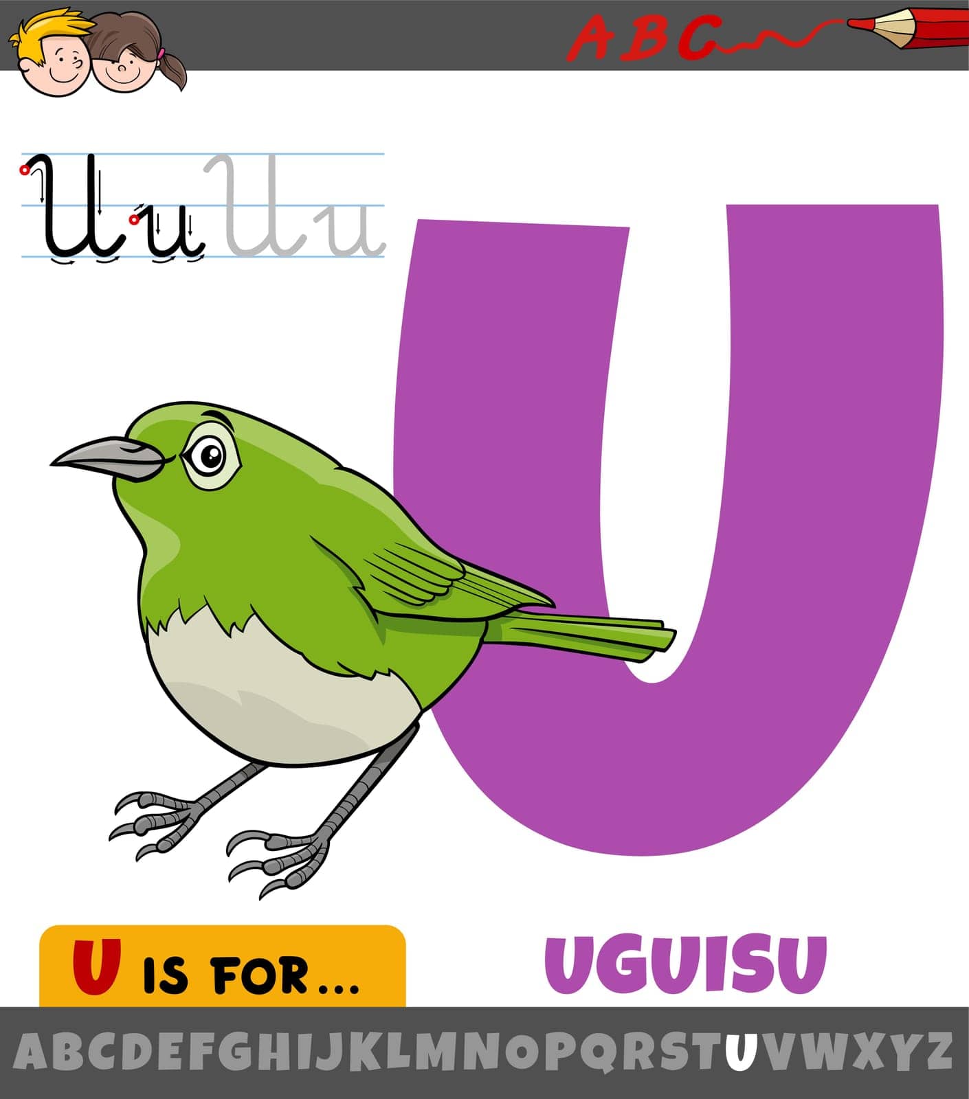 letter U from alphabet with cartoon uguisu bird character by izakowski