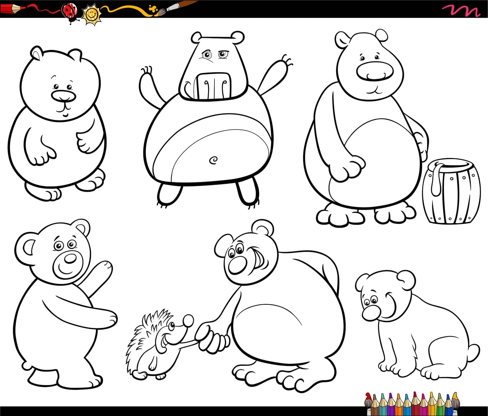 funny cartoon bears animal characters set coloring page by izakowski