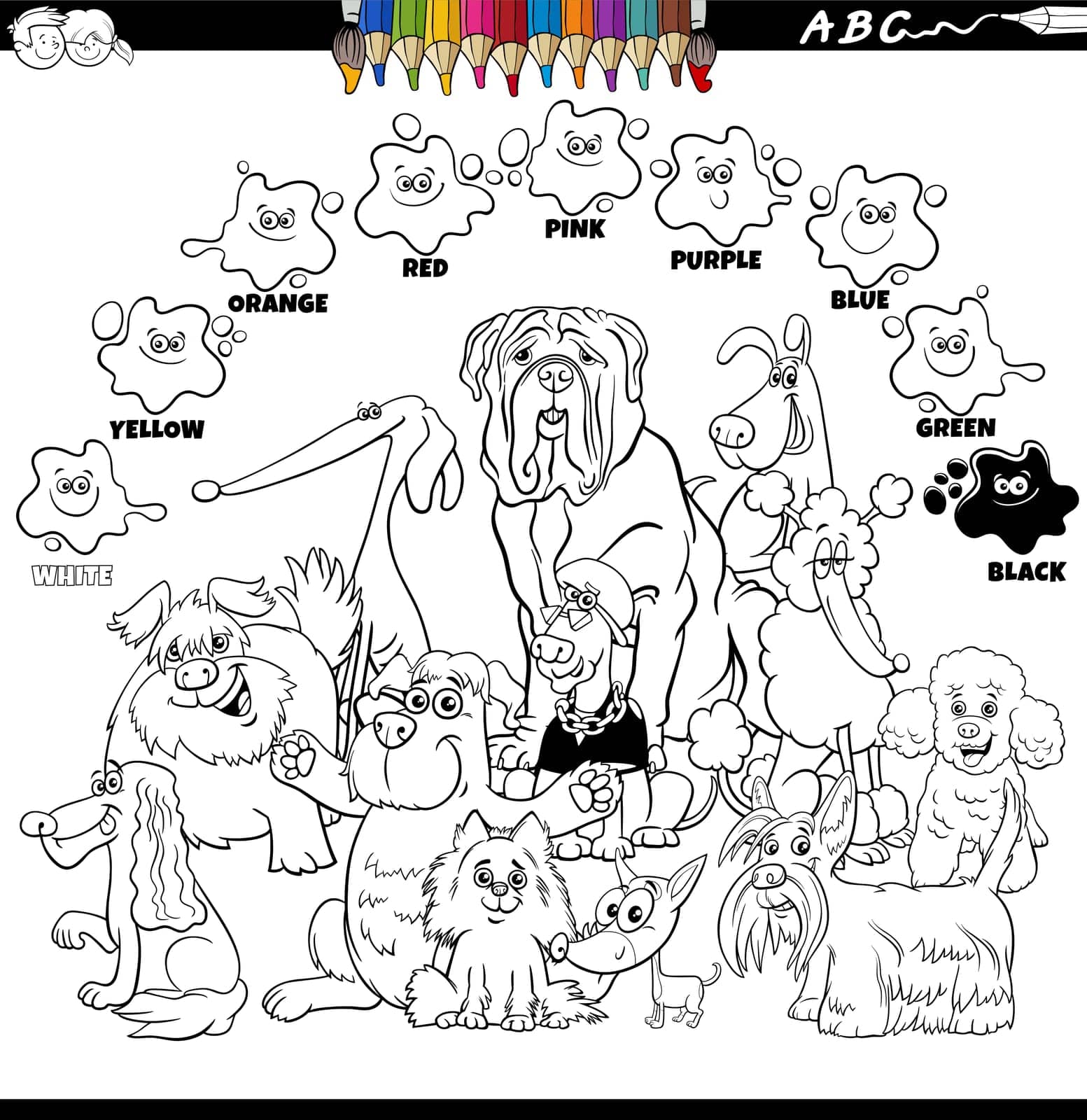 basic colors with cartoon dogs coloring page by izakowski