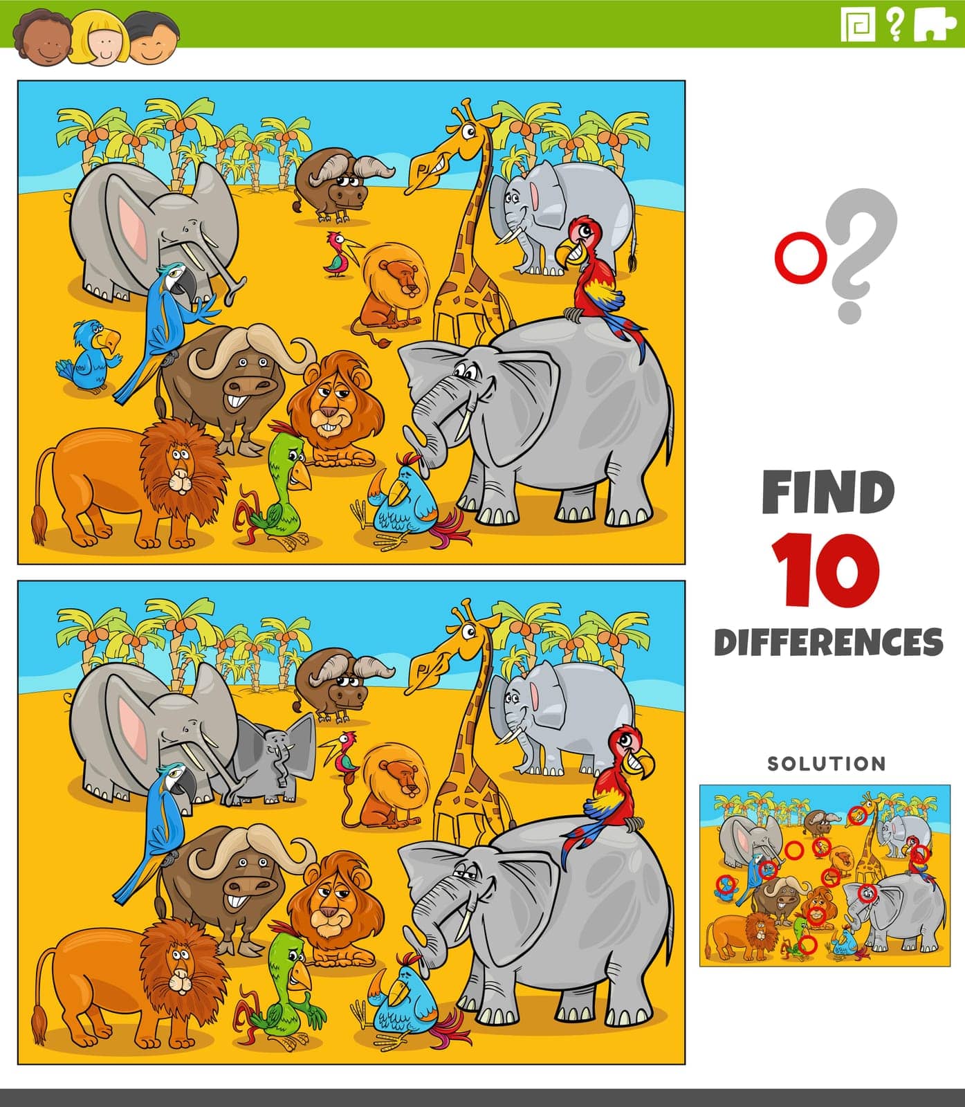 differences game with cartoon Safari animal characters by izakowski