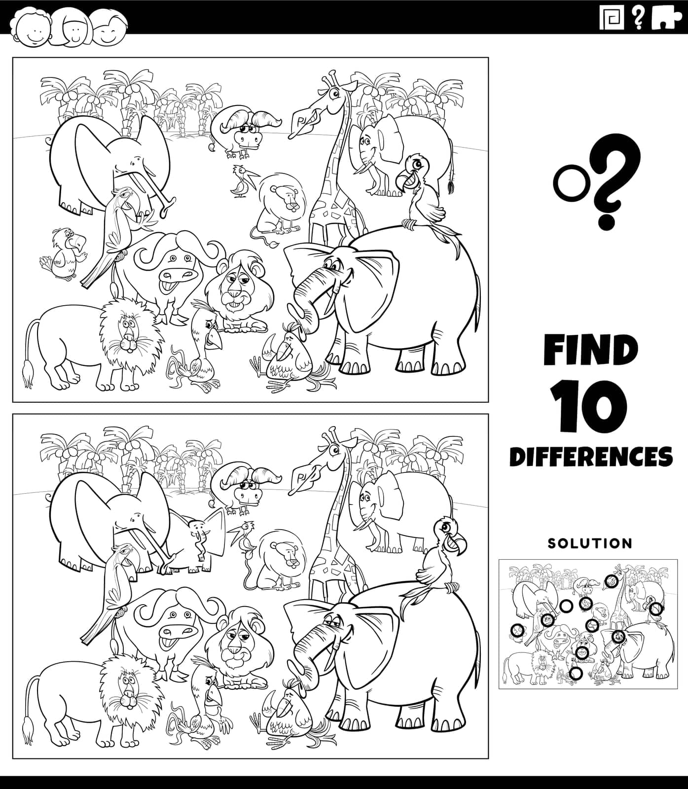 differences game with cartoon Safari animals coloring page by izakowski