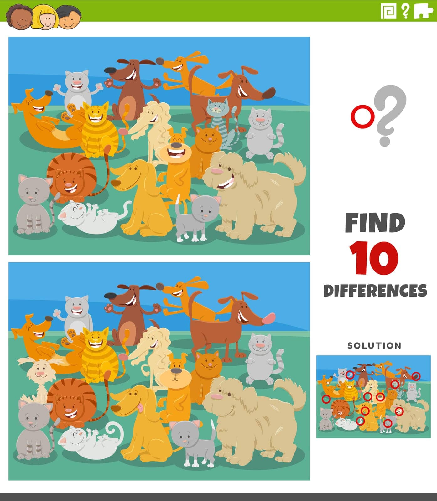 differences game with cartoon cats and dogs characters by izakowski