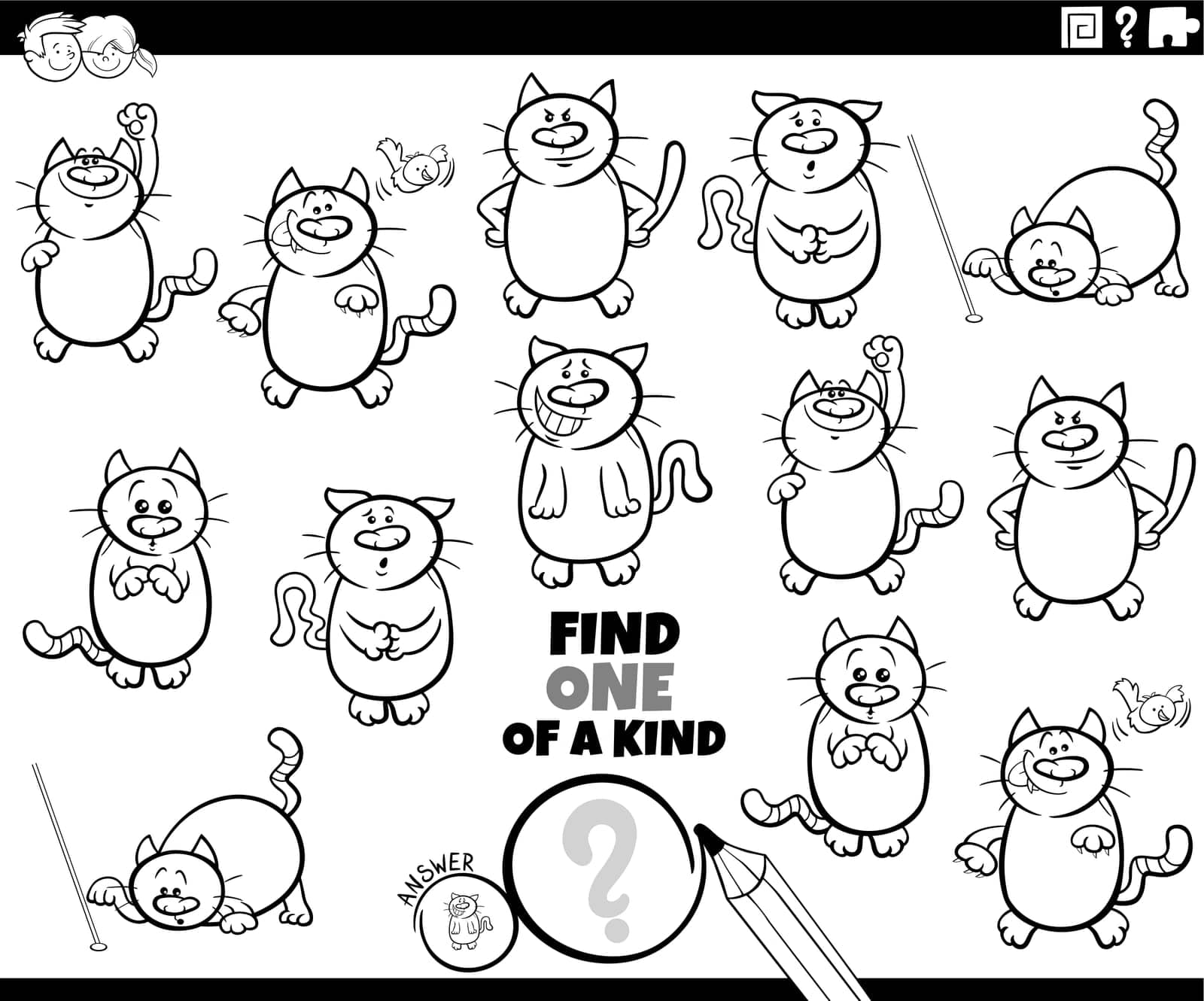 one of a kind game with cartoon cats coloring page by izakowski