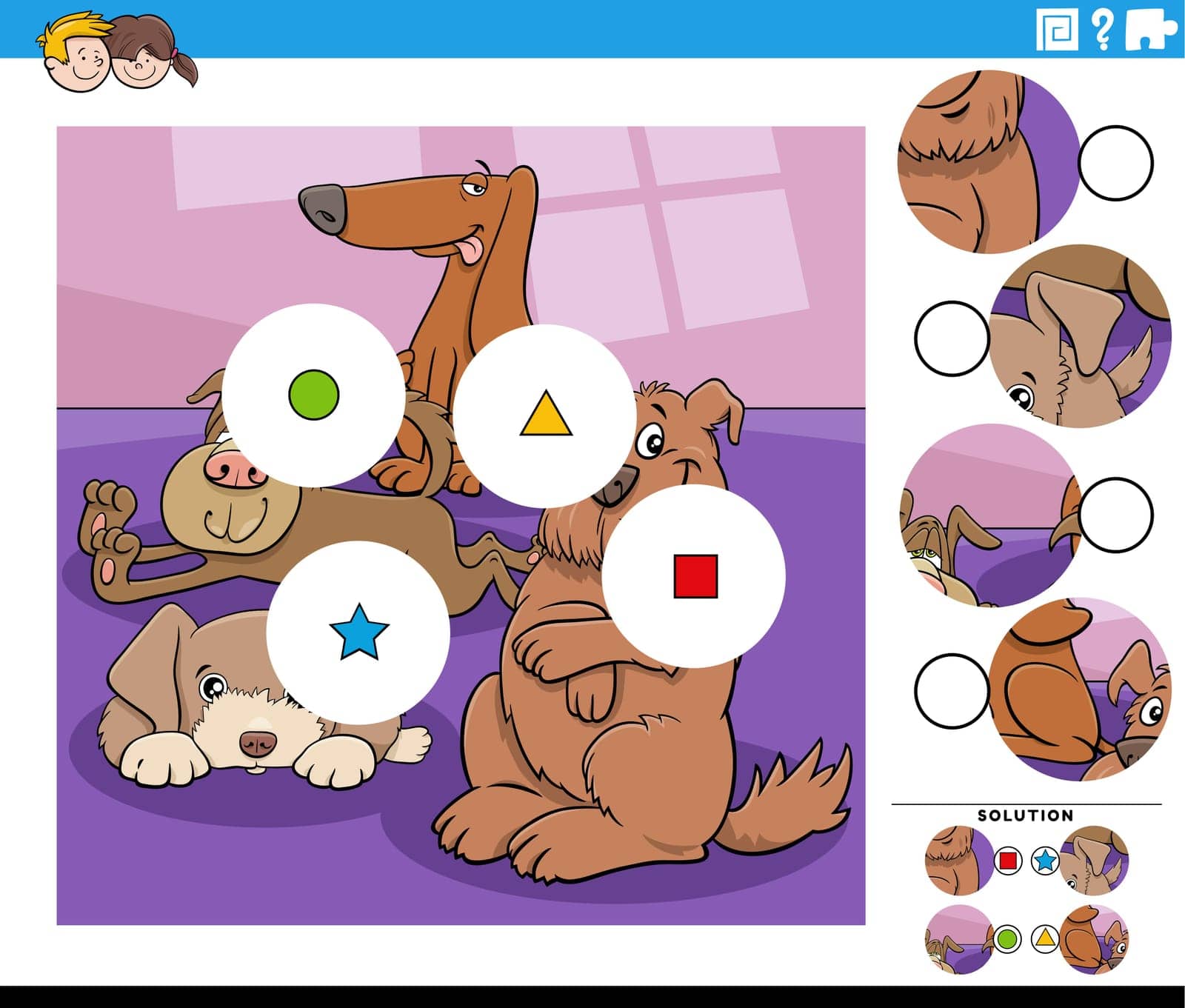 match pieces game with cartoon dogs animal characters by izakowski