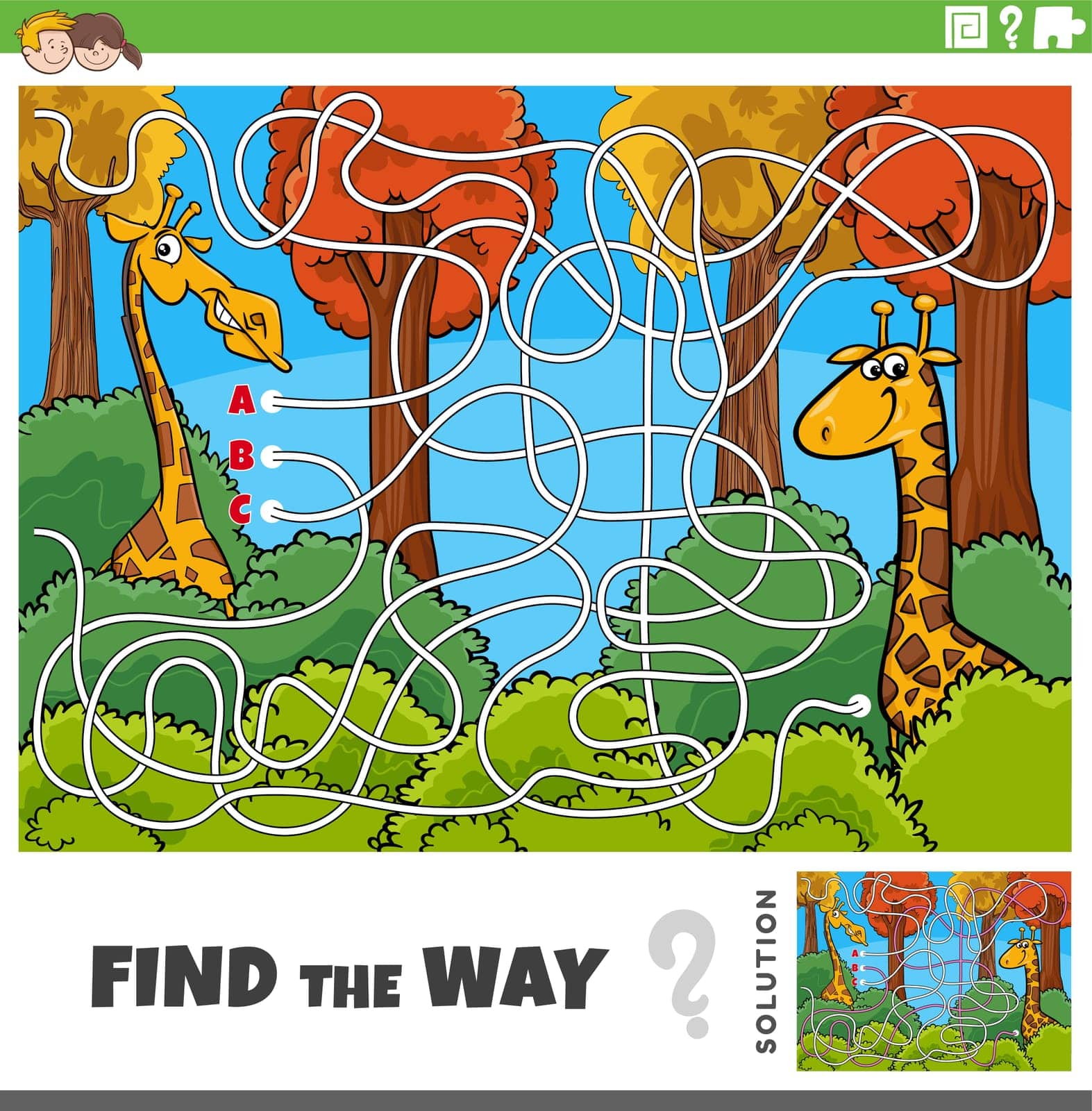 find the way maze game with cartoon giraffe characters by izakowski