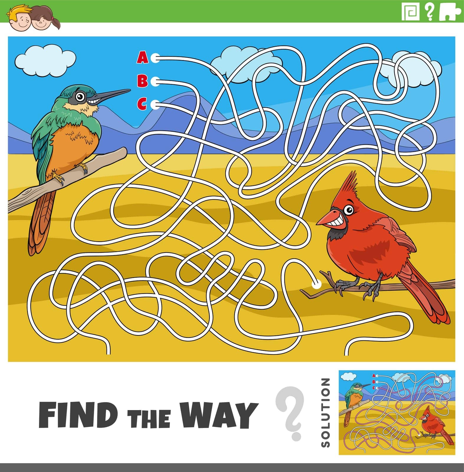 find the way maze game with cartoon birds characters by izakowski