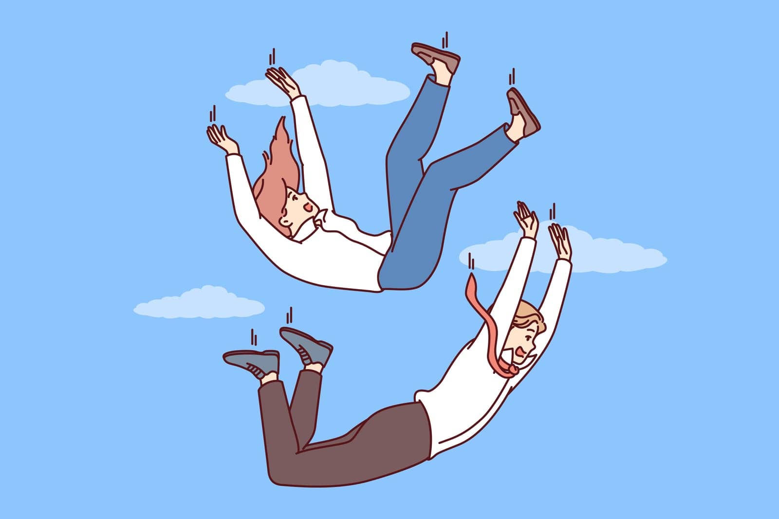 Man and woman in business clothes fall down for concept of employees in corporation or job loss. Colleagues falling among clouds symbolizes recession that caused problems in business and bankruptcy