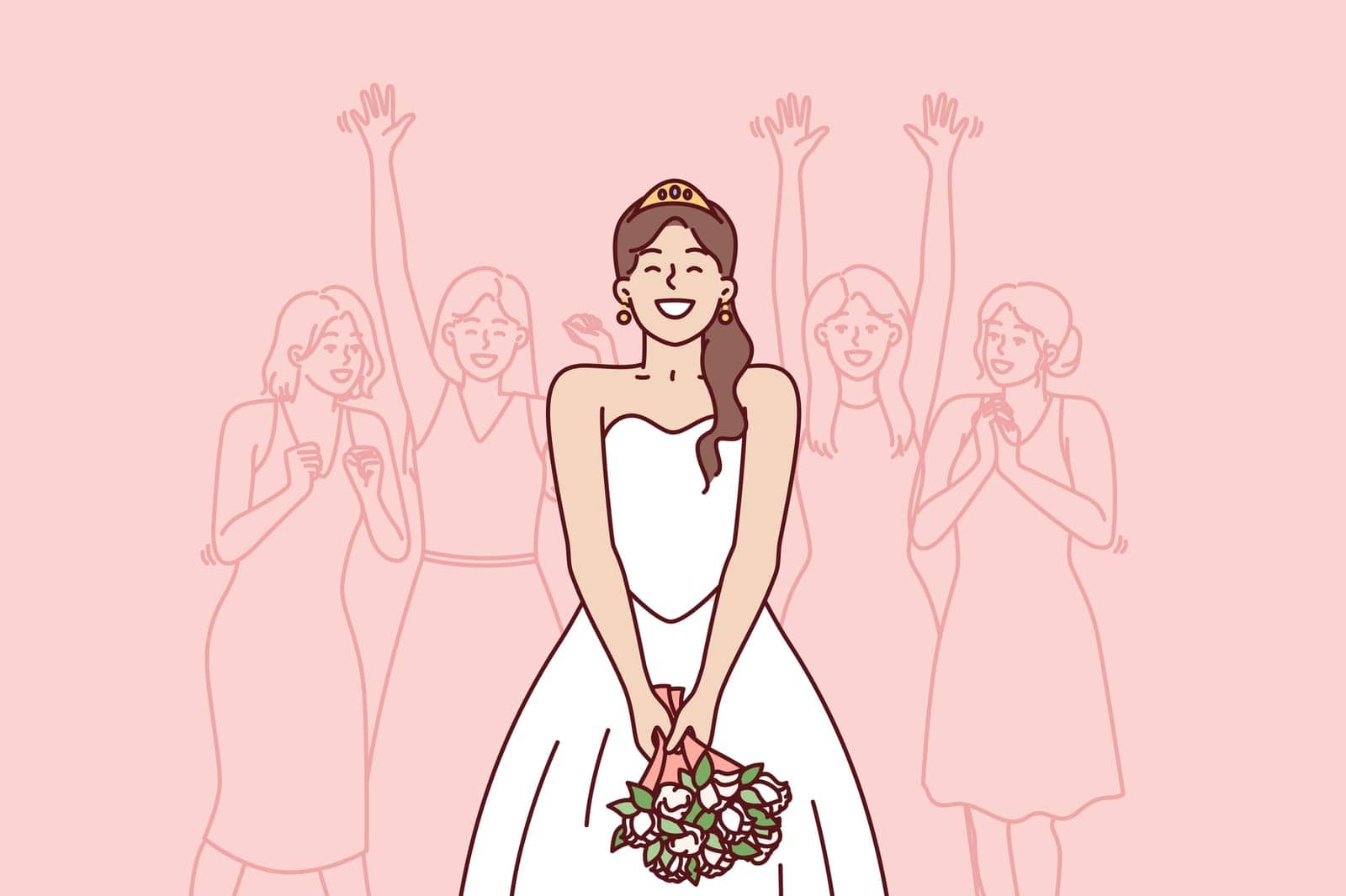 Happy bride preparing to throw bouquet flowers performs traditional ritual for wedding party. Woman in wedding dress stands with back to female girlfriends who want to get married as soon as possible