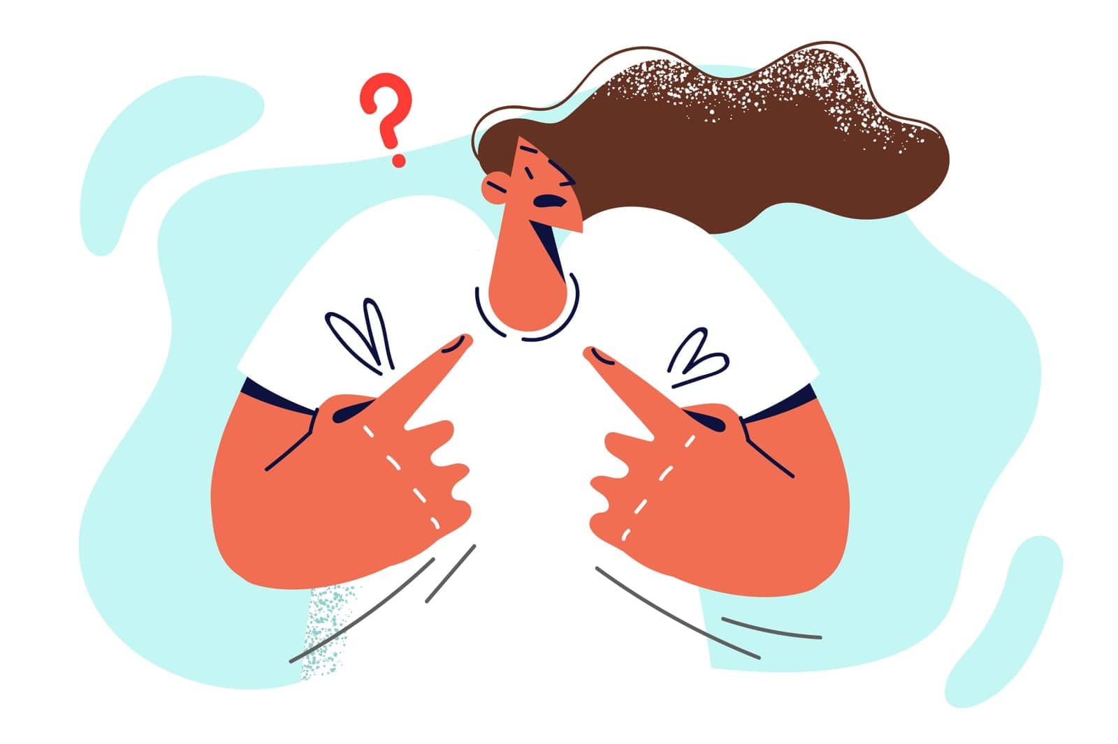 Confused woman pointing finger at herself wondering why lack of luck in personal and professional life. Frustrated young girl confused due to confusion causing panic and unpleasant questions