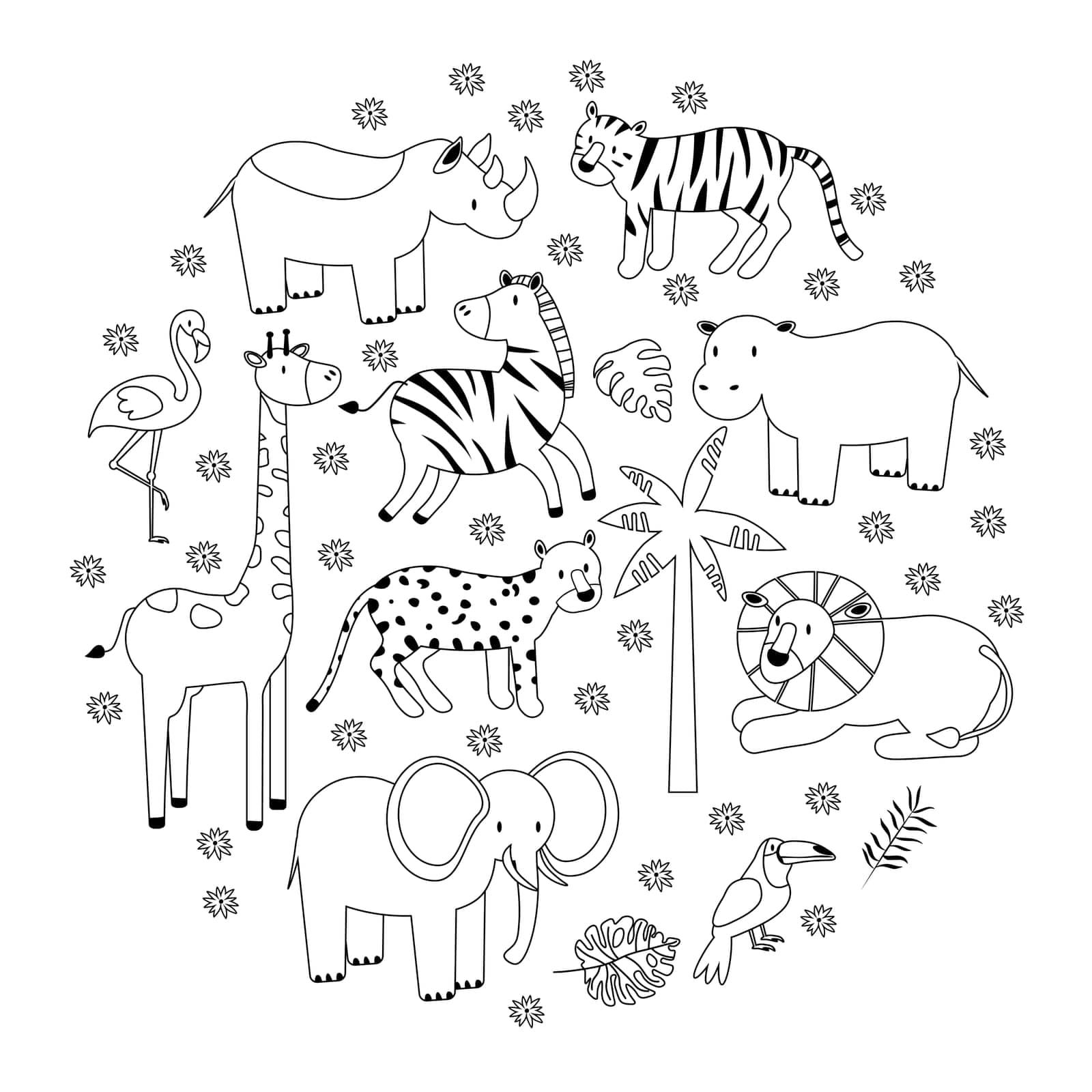 Cartoon animals creatures set African Black and white graphic vector illustration in the line style circle background