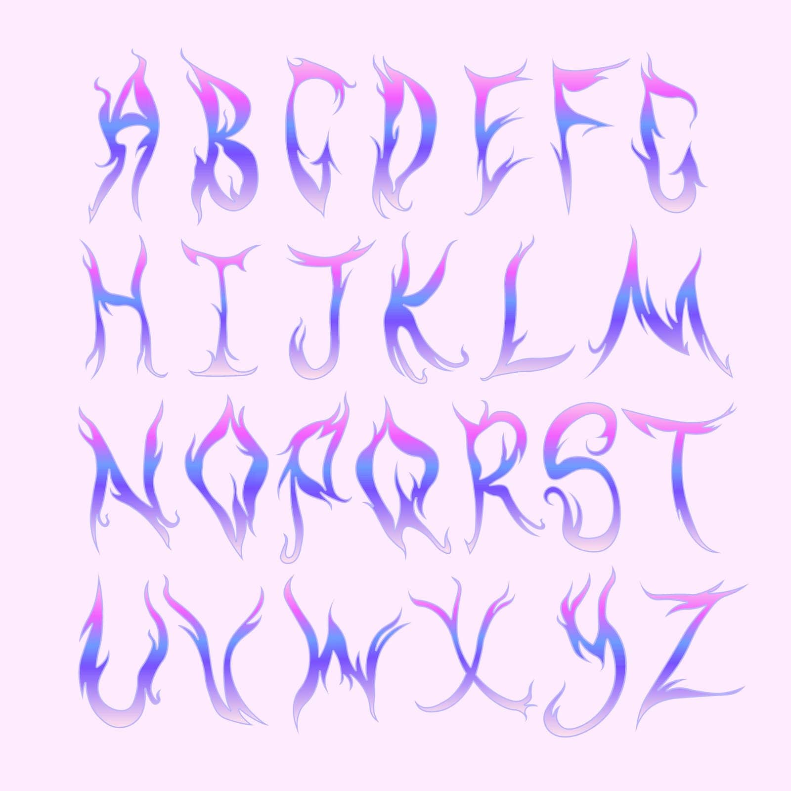 Y2k fire holographic font. Flame holo alphabet vector set Liqud glamour gradient colors 2000s style. Vecto 90s, 00s aesthetic trendy emo goth EPS by Alxyzt