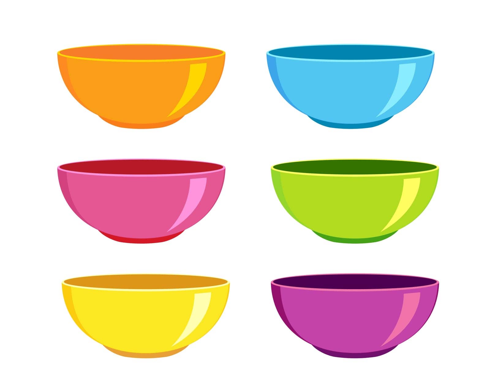 Collection of empty colorful bowls on white background. Clean dishware for breakfast or dinner. Vector illustration