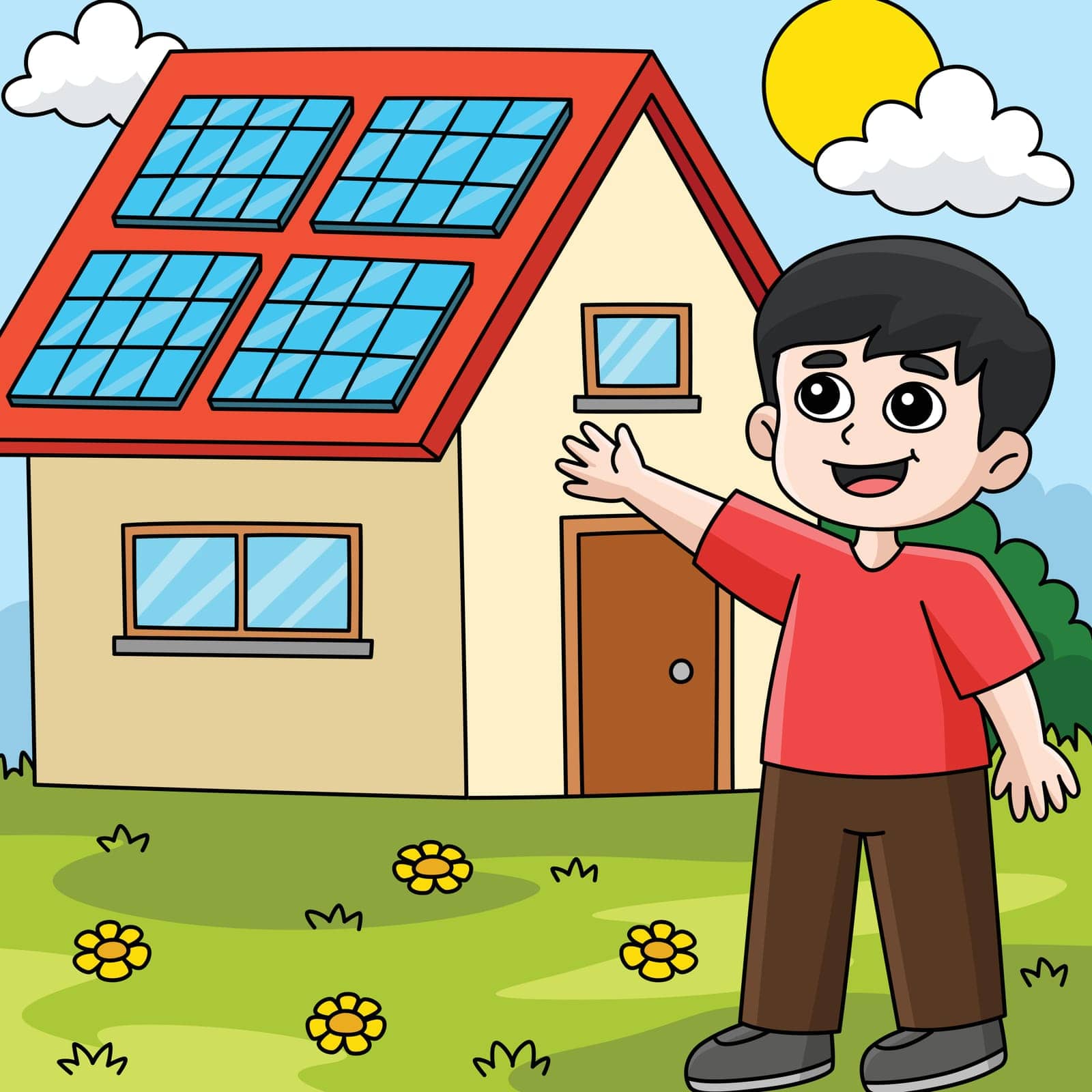 Boy with a Solar Panel House Colored Cartoon by abbydesign