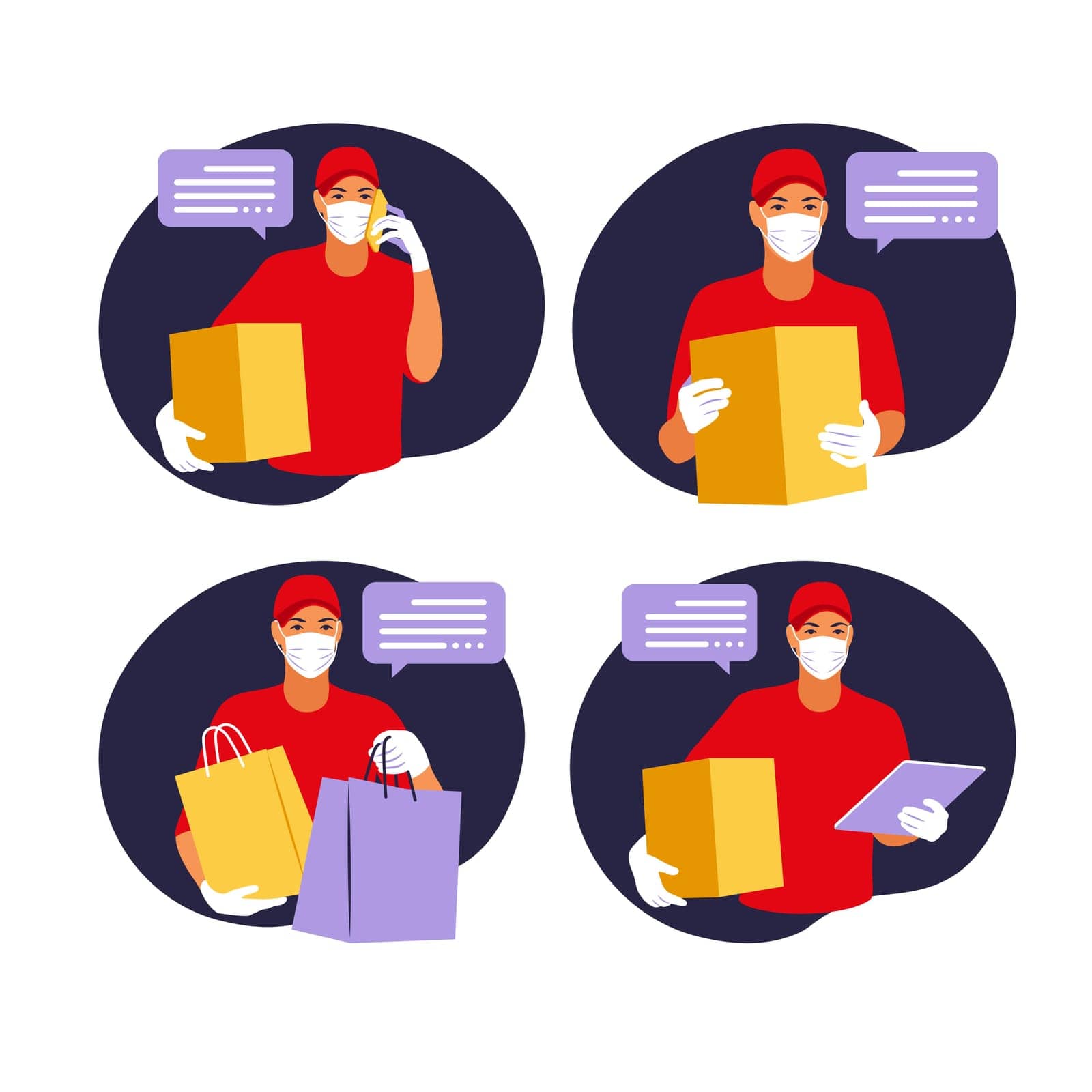 Delivery of goods during the prevention of coronovirus, Covid-19. Courier in a face mask with a box in his hands. Portrait from the waist up. Vector flat illustration. by Elena_Kalinicheva
