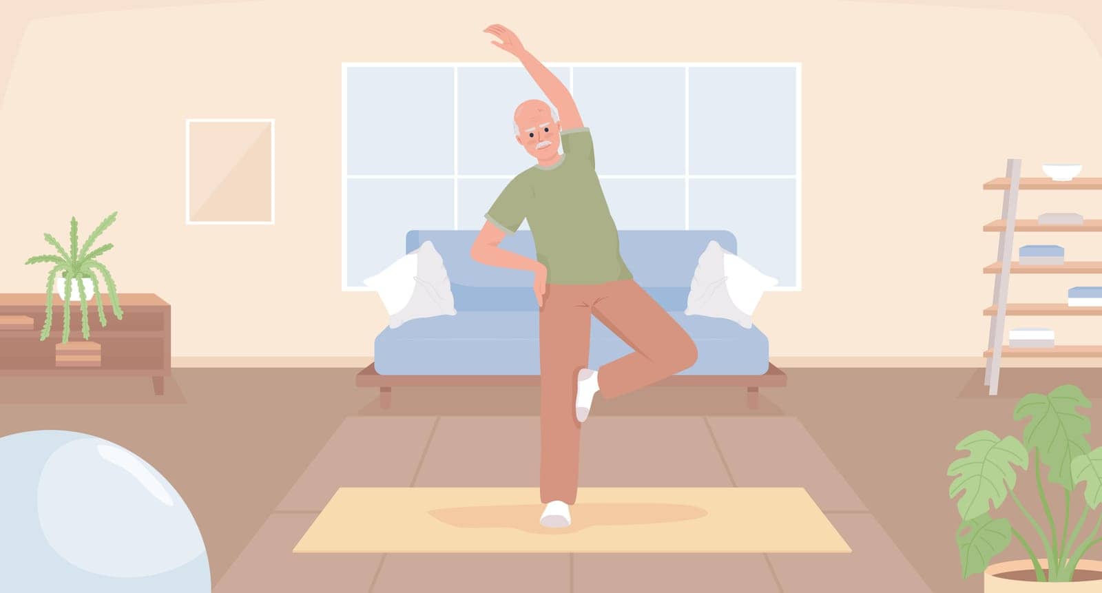 Morning stretches for elderly flat color vector illustration. Senior man warming up before yoga activity on mat. Fully editable 2D simple cartoon character with cozy living room interior on background
