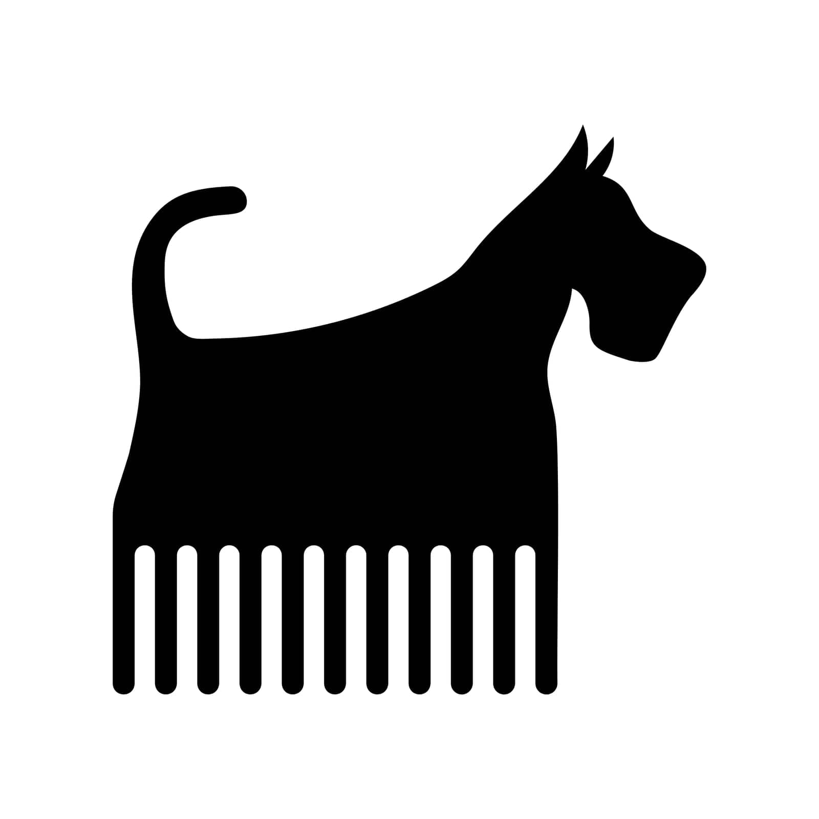 Dog groomer icon. Puppy silhouette united with comb. Pet hairdresser salon symbol. Vector illustration.