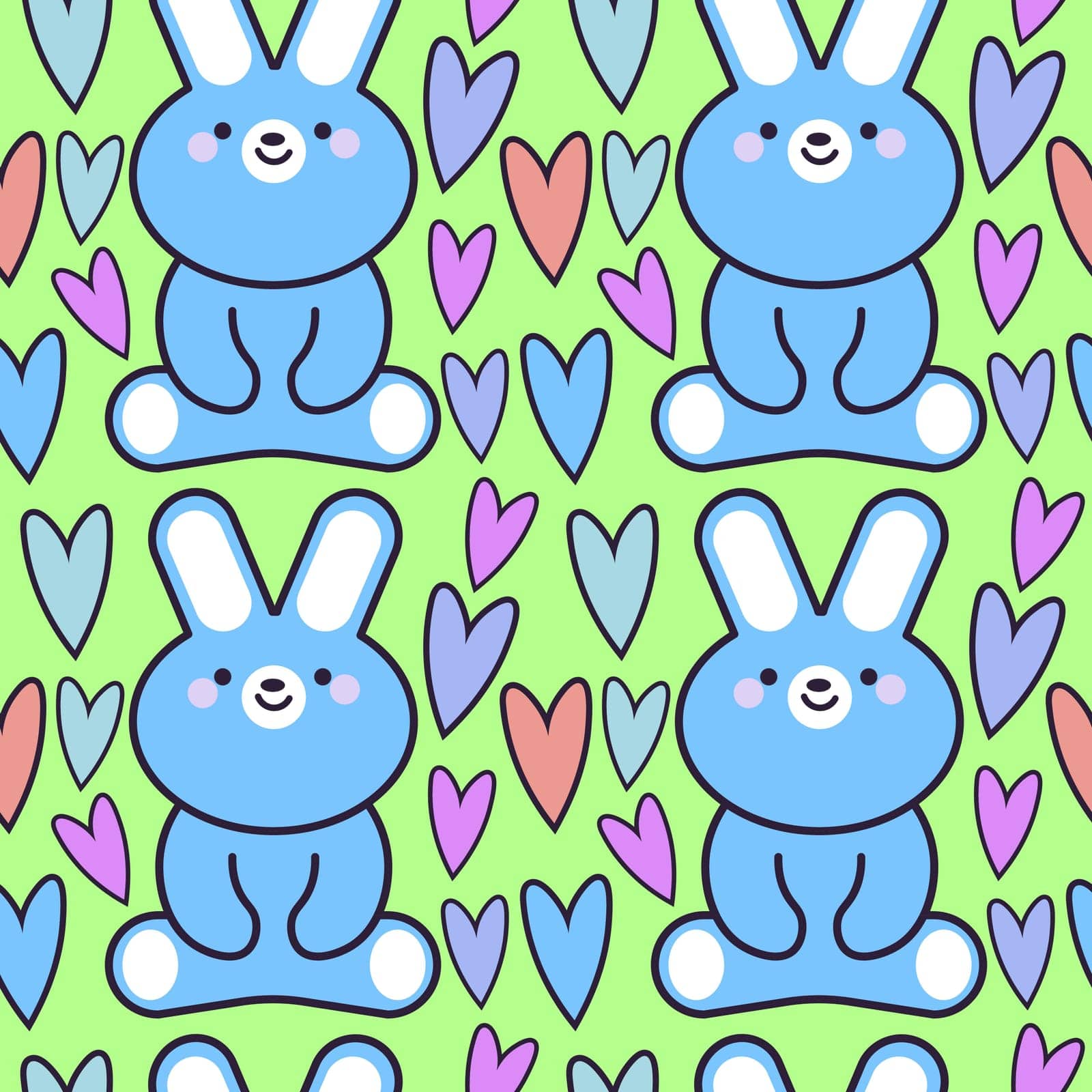 Seamless pattern of cute rabbit with heart on light green background. Animals character design. Image for card, poster, wallpaper paper wrapping Kawaii. Vector. Illustration. EPS by Alxyzt