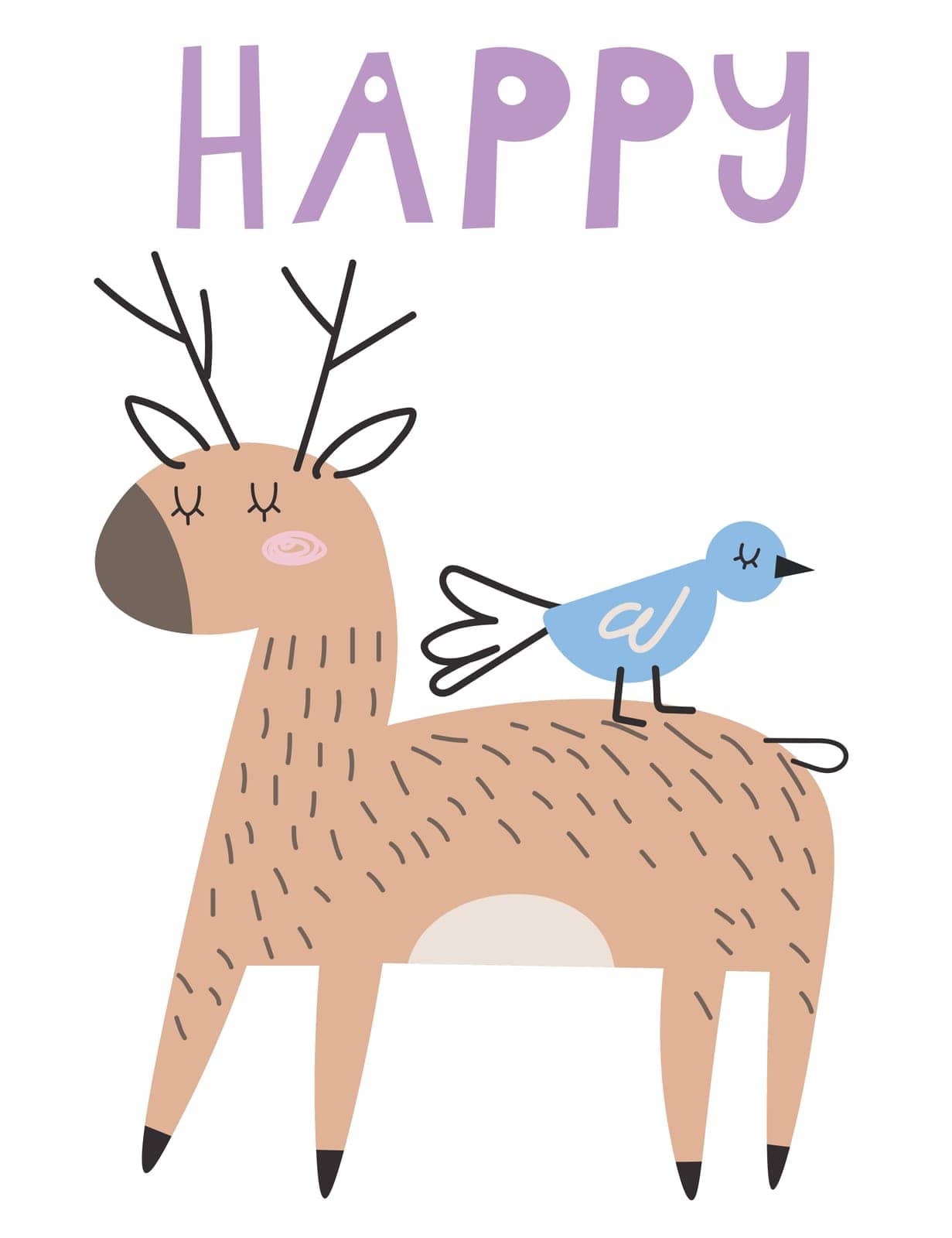 Cute deer with bird hand drawn animal illustration on whith background with text Happy Scandinavian cartoon style. For web, posters, invitations, postcards, greeting cards, flyers, etc.