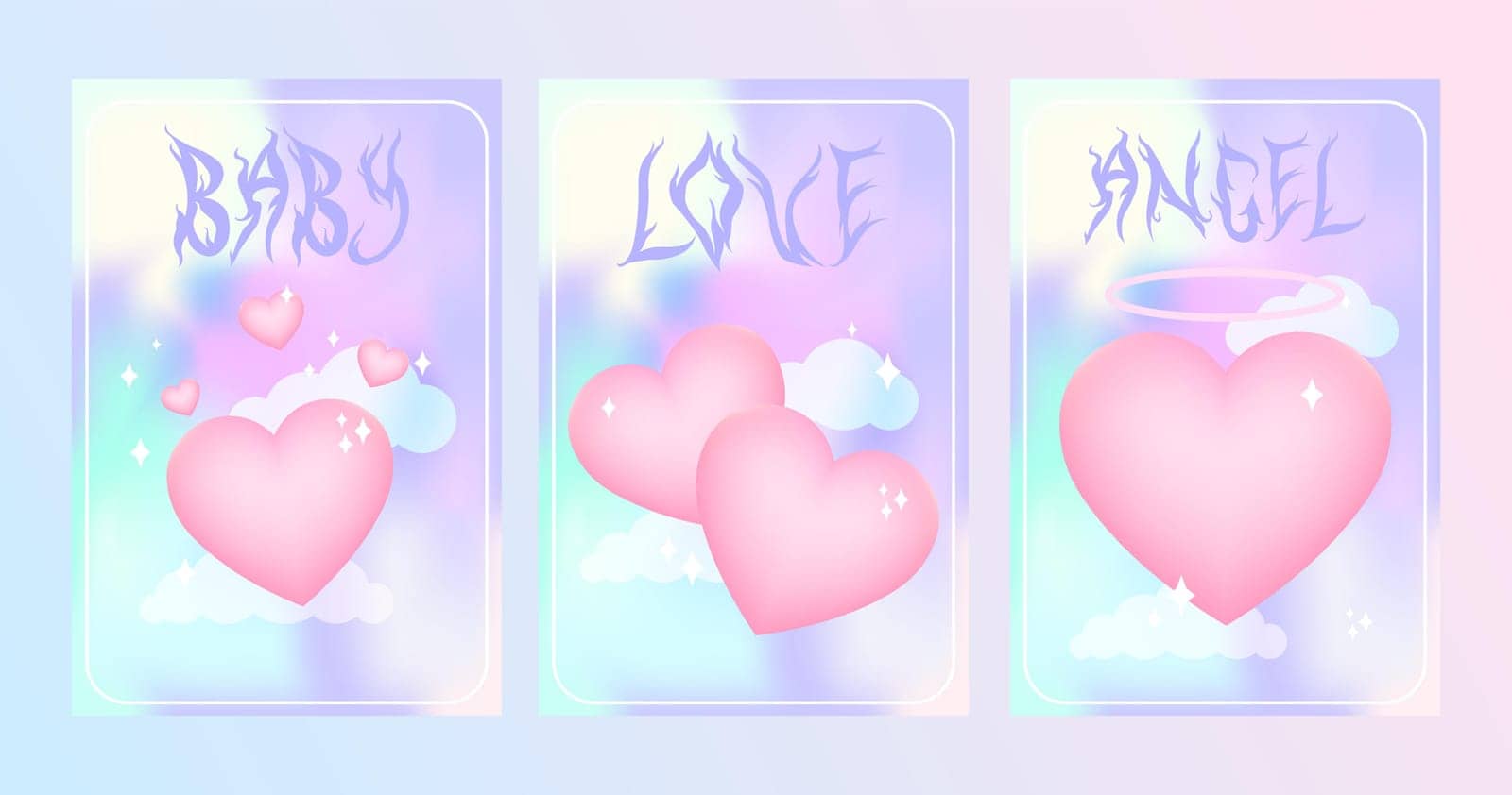 Y2k heart blurred gragient cards. Happy Valentine s Day holographic vector posters background with cloud and hearts geometric shape in trendy 90s, 00s psychedelic style. Rainbow holo vibrant and pink colors. EPS