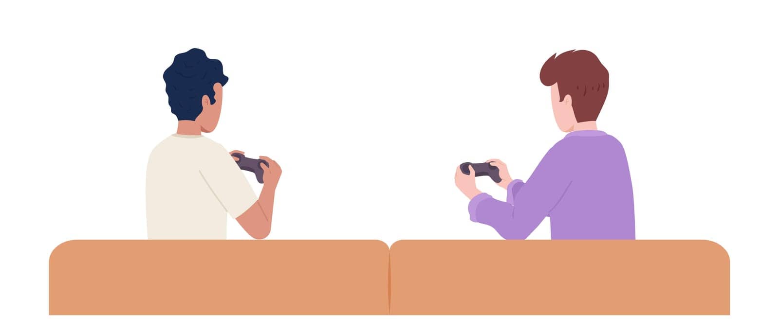 Two male friends with gamepads on couch semi flat color vector characters by ntl