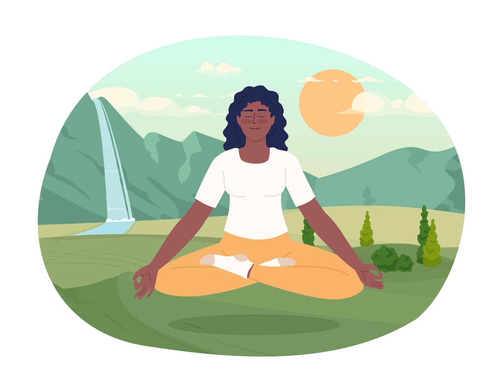 Meditation 2D vector isolated spot illustration. Mindfulness practice. Woman doing yoga in peaceful valley flat character on cartoon background. Colorful editable scene for mobile, website, magazine