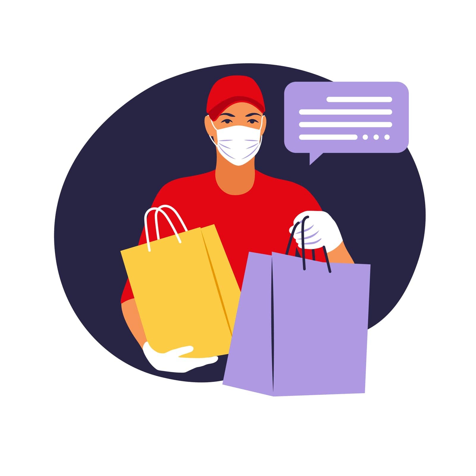 Delivery of goods during the prevention of coronovirus, Covid-19. Courier in a face mask with a box in his hands. Portrait from the waist up. Vector flat illustration.