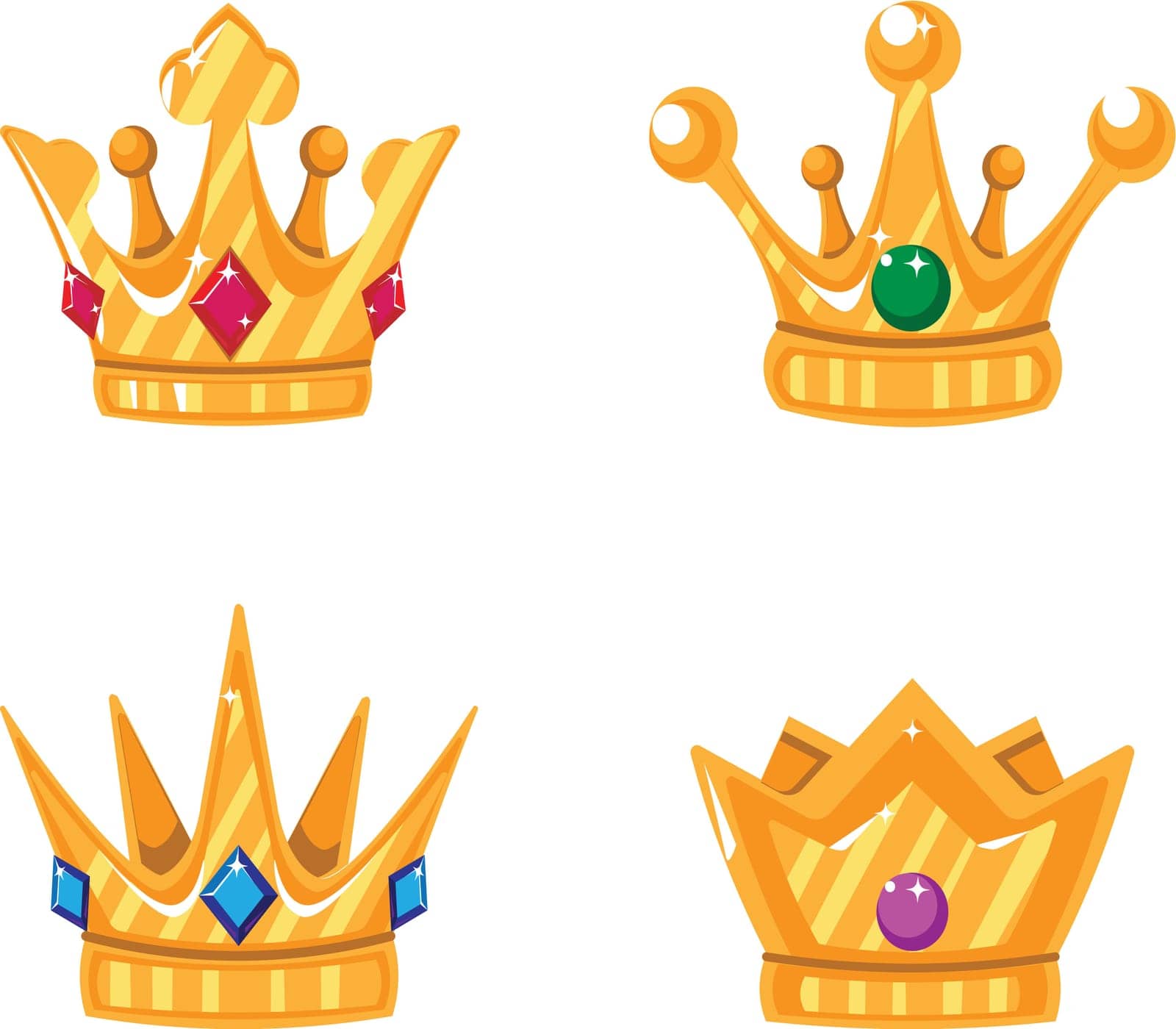 Set of gold crown icons with gems. Collection of crown awards for winners, champions, leadership. Vector isolated elements for logo, label, game, hotel, an app design. Royal king, queen, princess crown.Isolated.