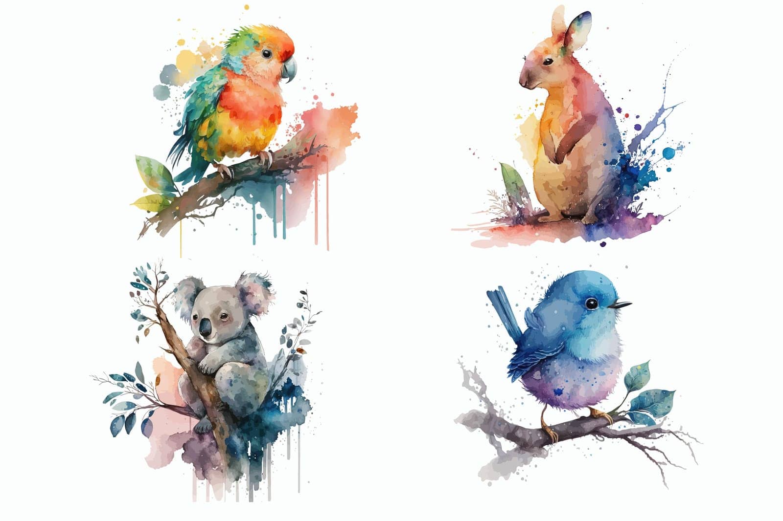 Koala, kangaroo, little bird, parrot in watercolor style. Isolated vector illustration