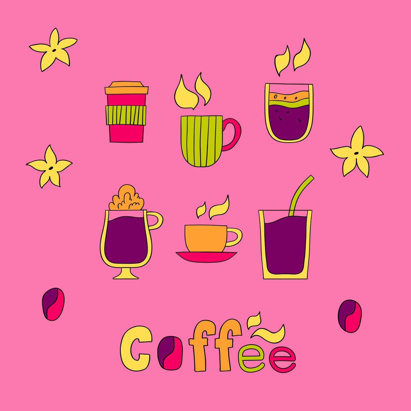 Six cups with different form. Word coffee is under the composition of cups.
Coffee beans and flowers are the elements that decorate the composition