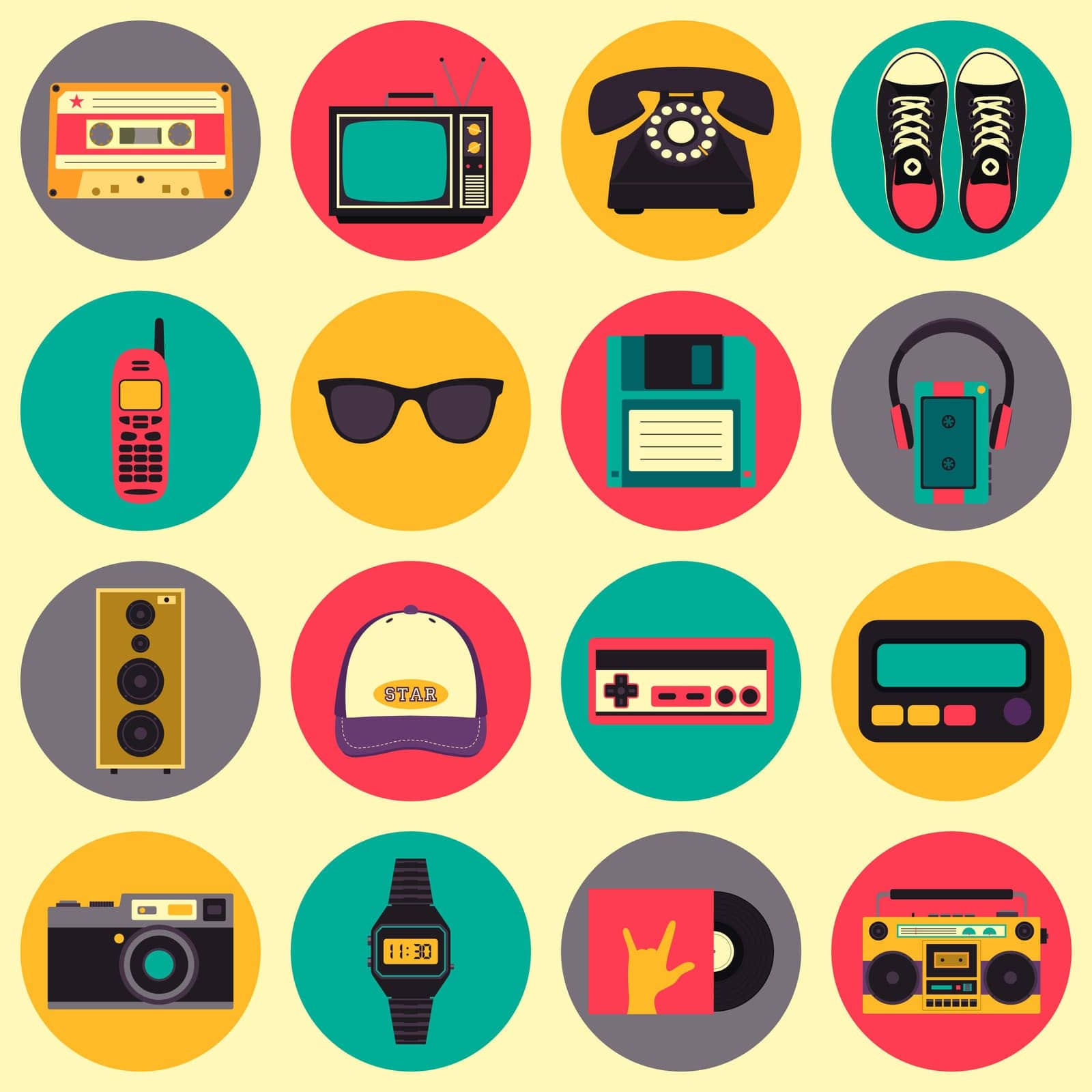 Vector old style equipments, accessories and things icons set. Old school collection in flat style. Design templates,PS10 illustration.